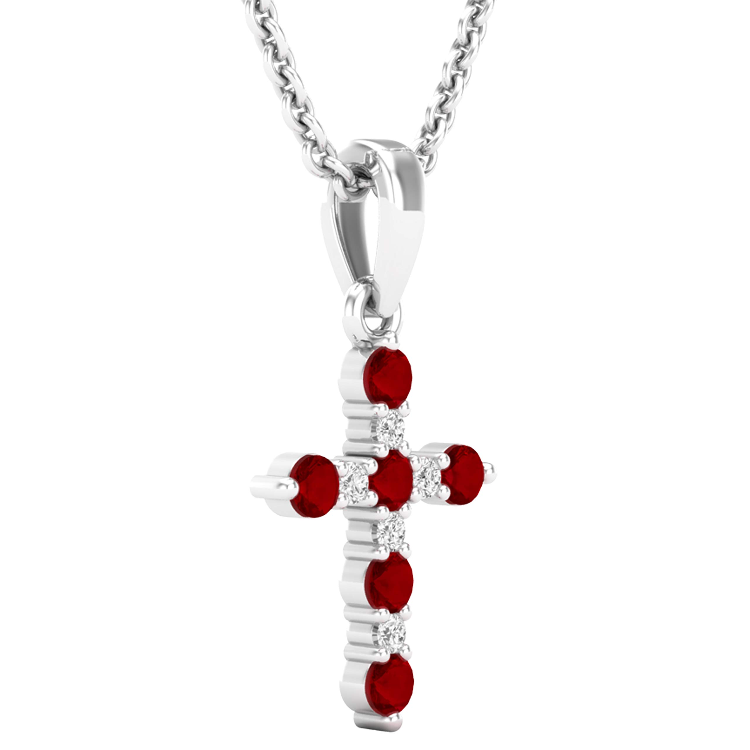 14K Solid White Gold Round Ruby & Diamond Women's Cross Pendant Necklace with Silver Chain | Elegant Jewelry Gift for Christmas, Baptism & Special Occasions