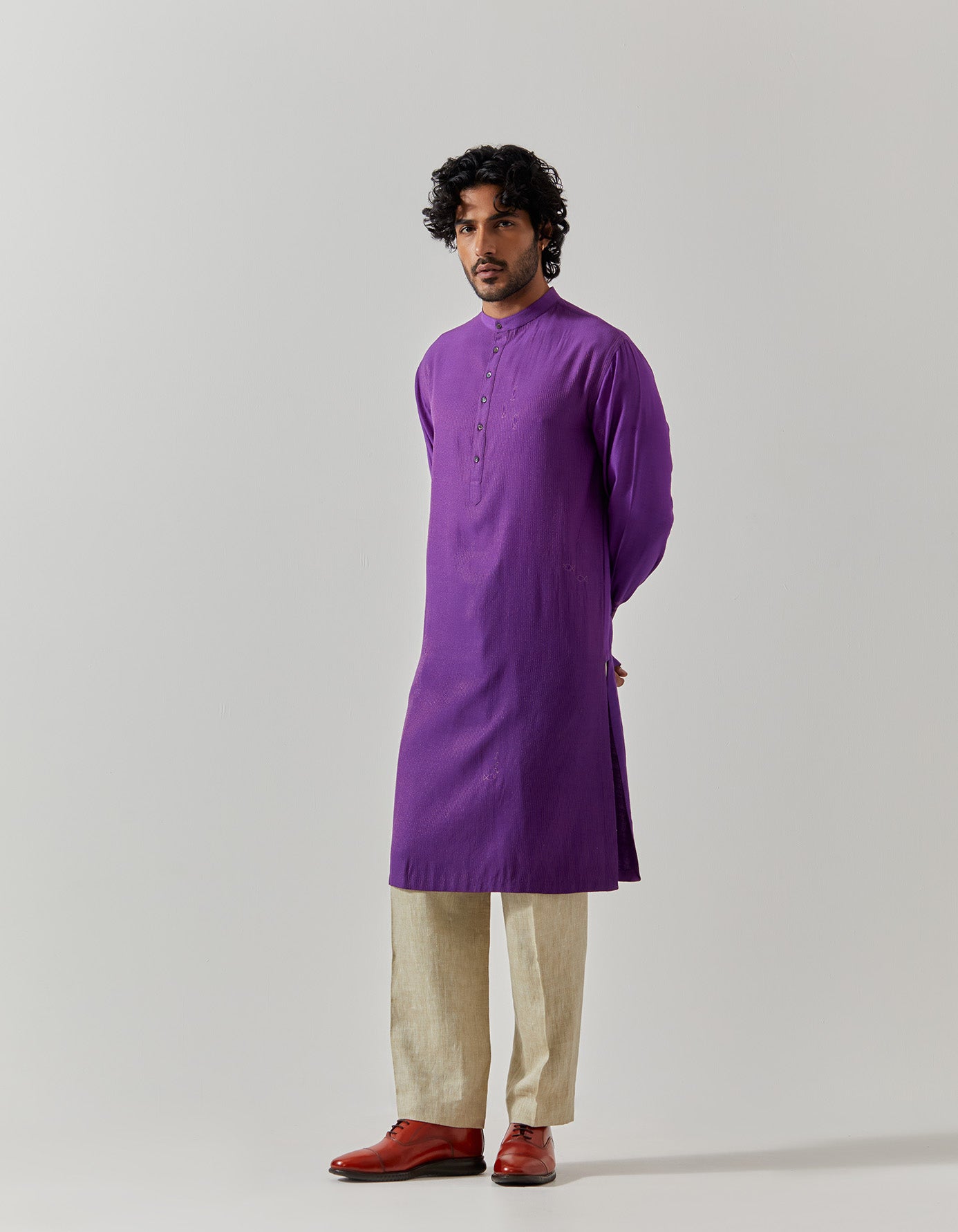 Roshan Bade Miyan Kurta - Premium Muga Satin Purple Men's Traditional Indian Tunic - Perfect for Weddings, Festivals & Cultural Events