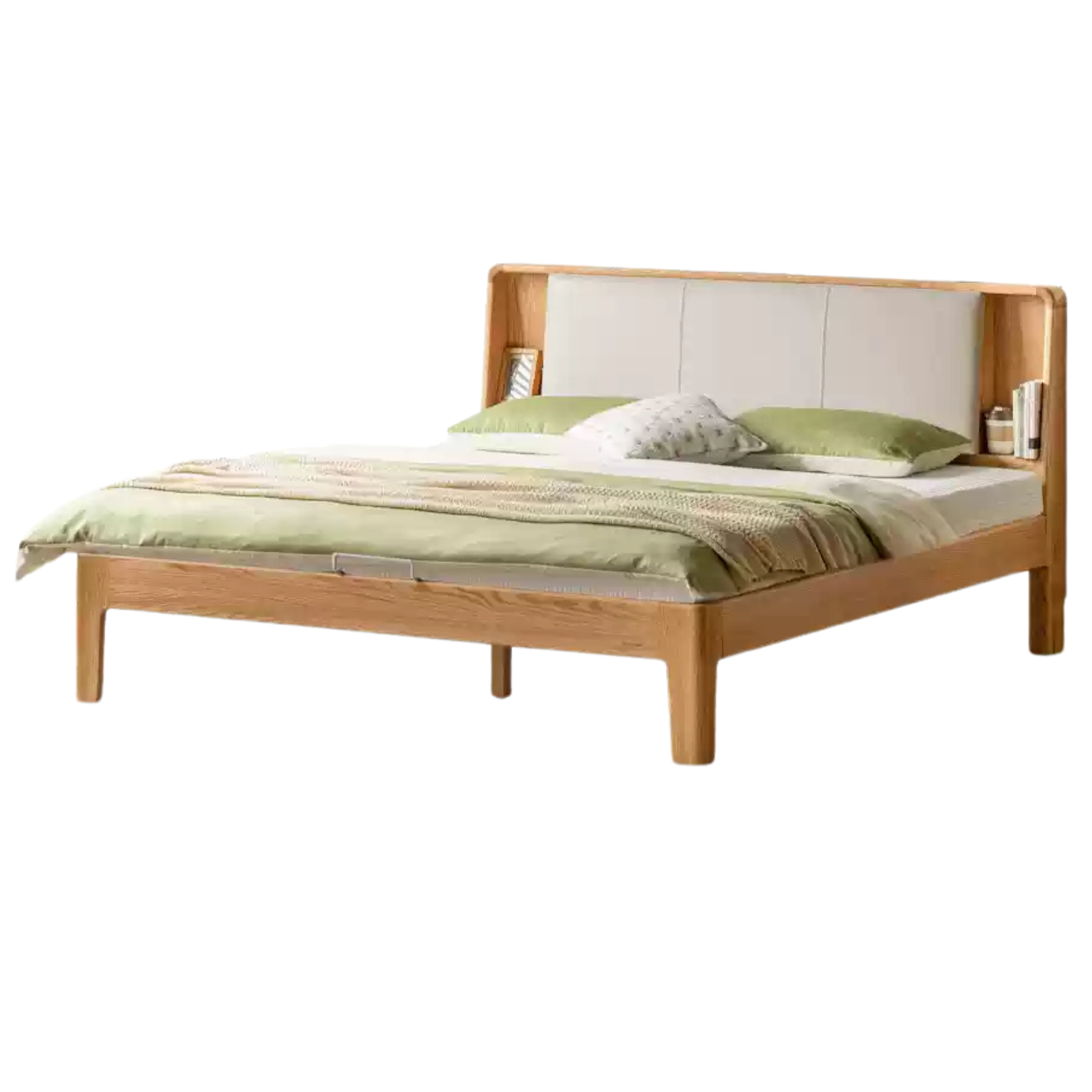 Solid Oak Wood Leather & Fabric Luminous Bed with Shelf - Modern Platform Bed Frame with Storage for Bedroom, Guest Room, or Dorm