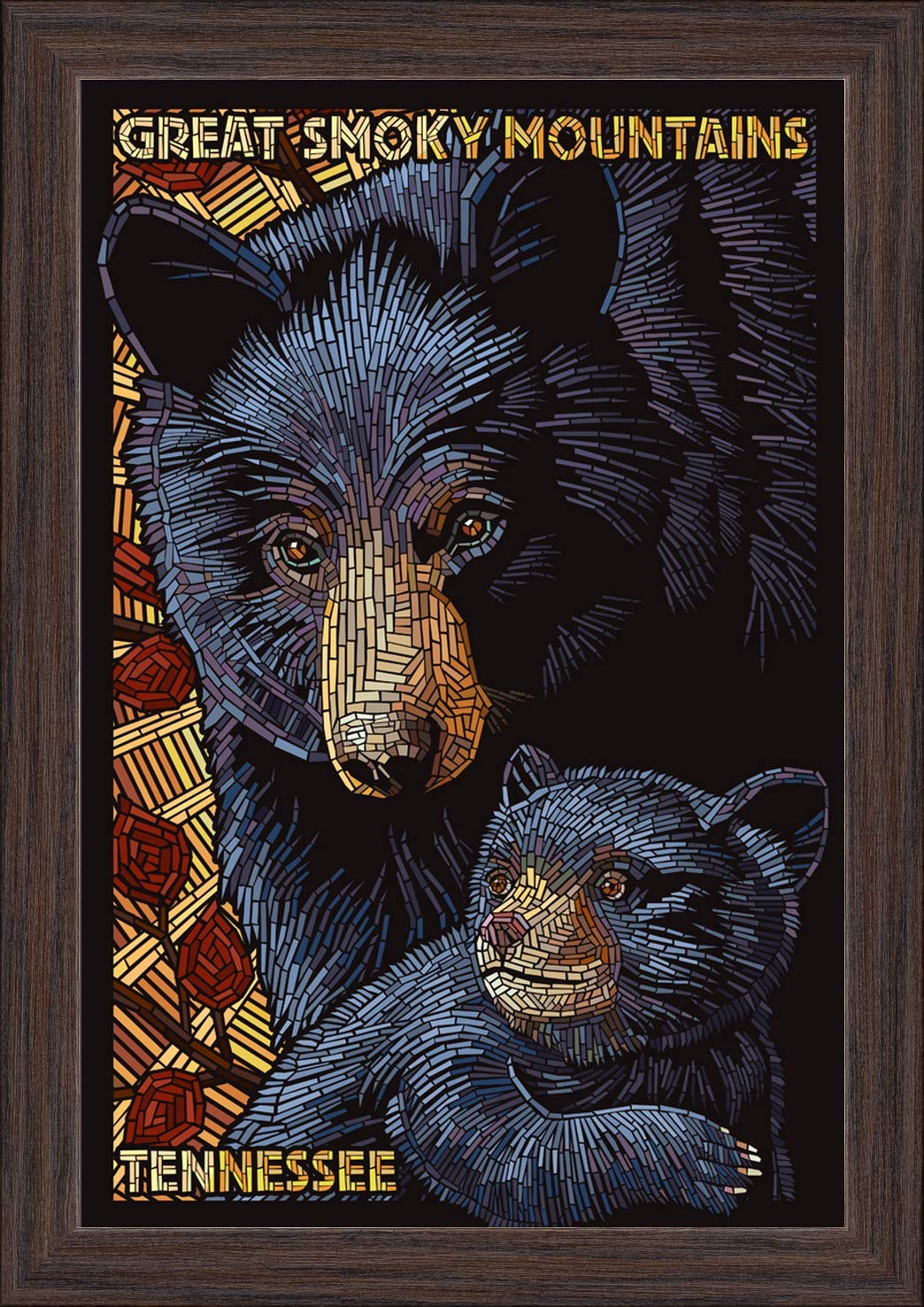 Bear Mosaic Great Smoky Mountains Tennessee - 12x18 Giclee Fine Art Print with Recycled Wood Frame in Espresso Brown - Perfect for Home Decor, Office Wall Art & Cabin Retreats