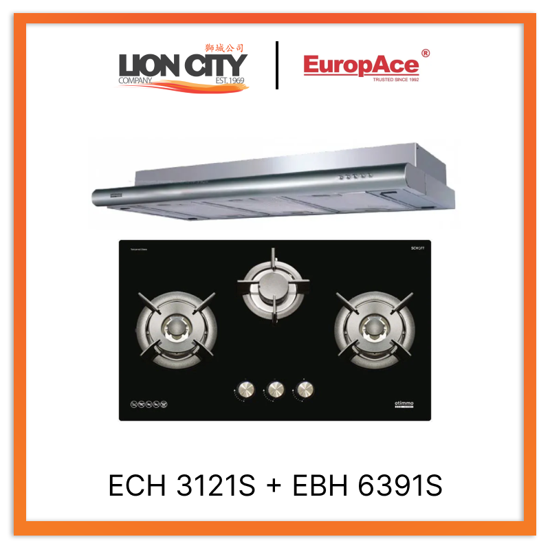 Europace ECH3121S 90cm Stainless Steel Deluxe Slim Range Hood + EBH6391S 3 Burner 90cm Slim Glass Cooktop Hob - Modern Kitchen Appliances for Home Cooking & Ventilation