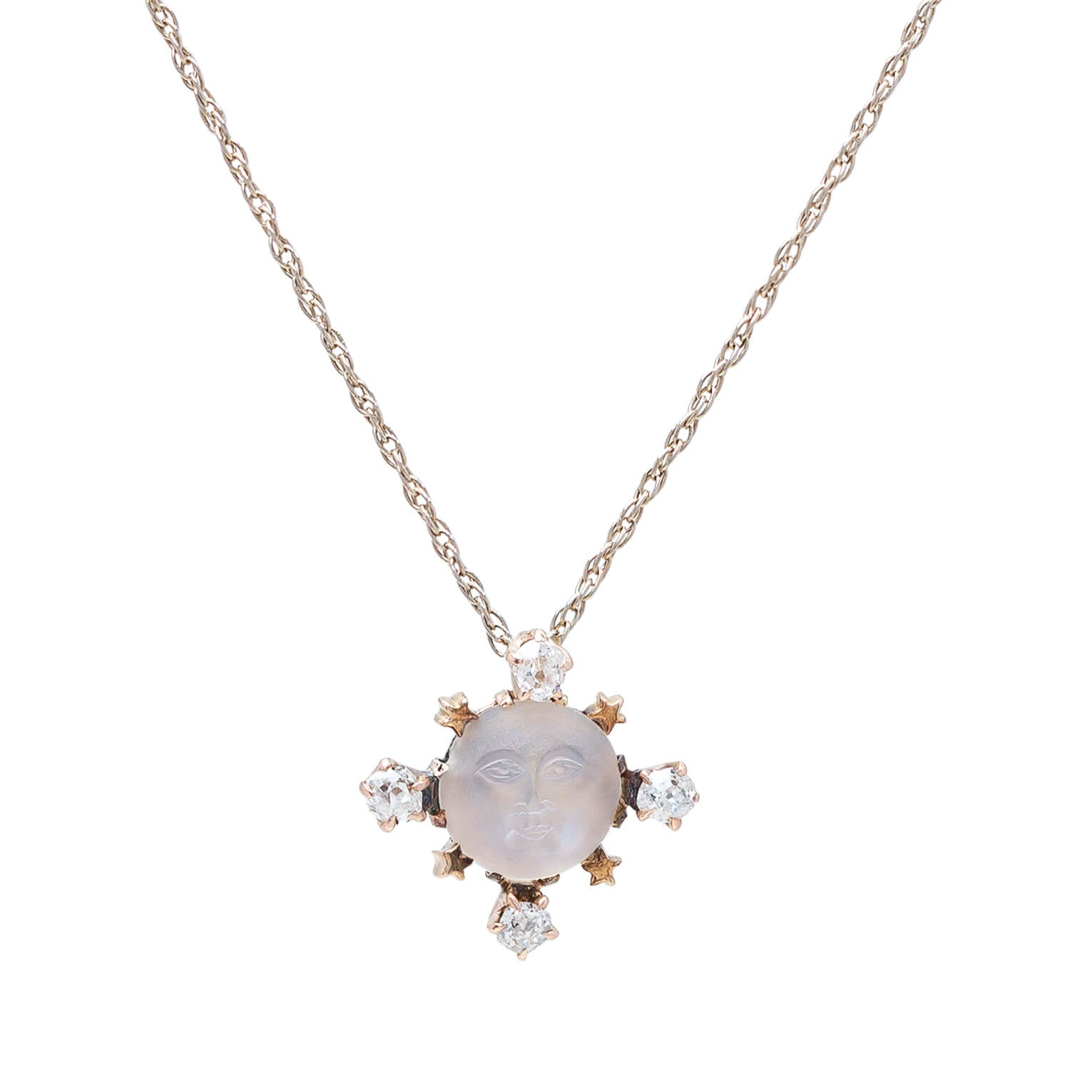 Exquisite Late Victorian 14K Gold Diamond & Moonstone Pendant Necklace - Vintage Jewelry for Women, Perfect for Weddings, Anniversaries & Special Occasions