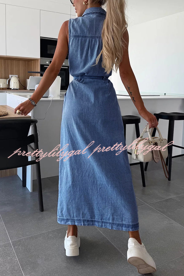 Solid Color Sleeveless Denim Midi Dress with Waist Tie & Pockets - Casual Summer Dress for Women, Perfect for Beach Outings, Picnics, and Weekend Brunch