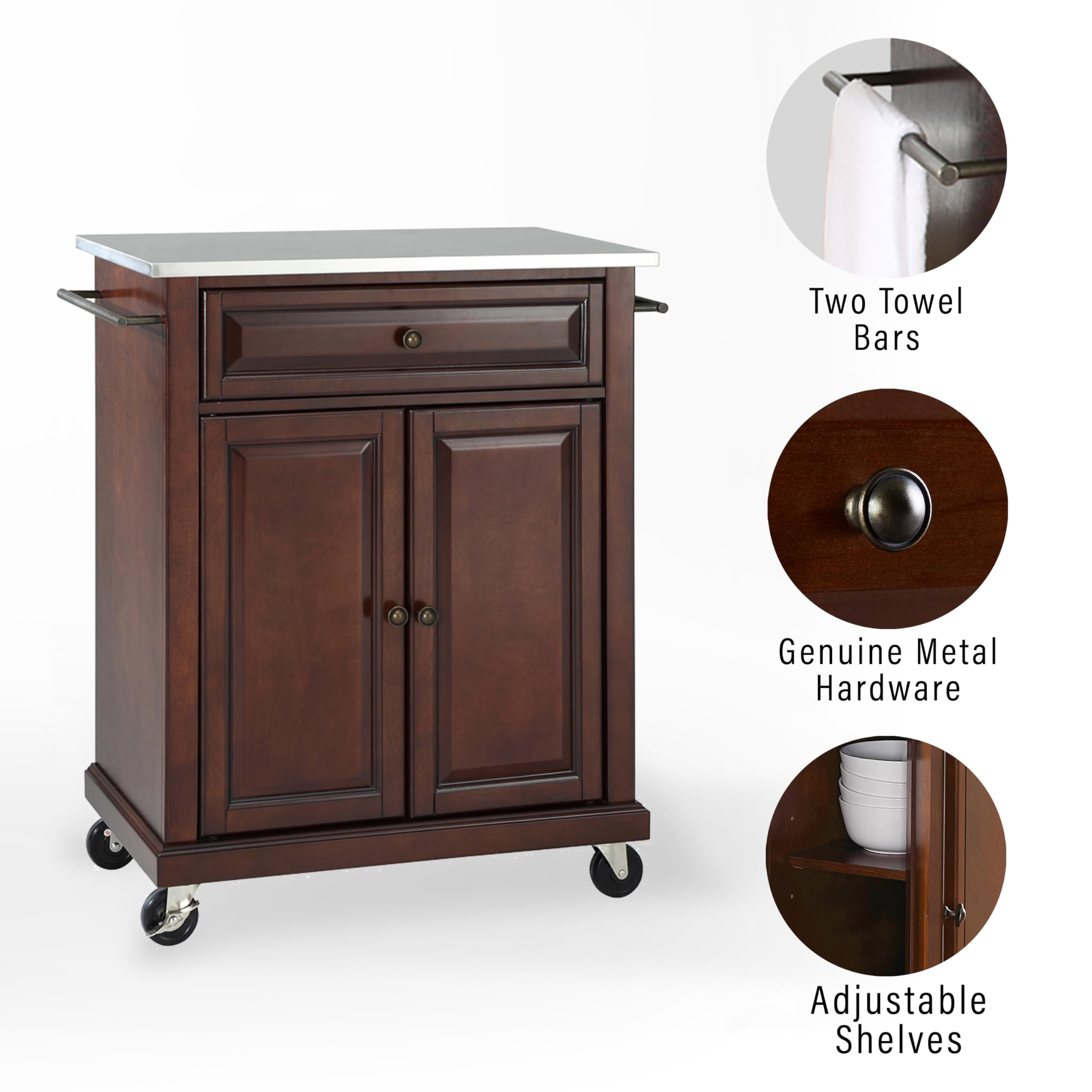 Crosley Compact Stainless Steel Rolling Kitchen Cart with 3 Shelves - Microwave Stand, Towel Rack & Storage Organizer for Small Spaces - Perfect for Apartments, Dorms, Kitchens & Bathrooms