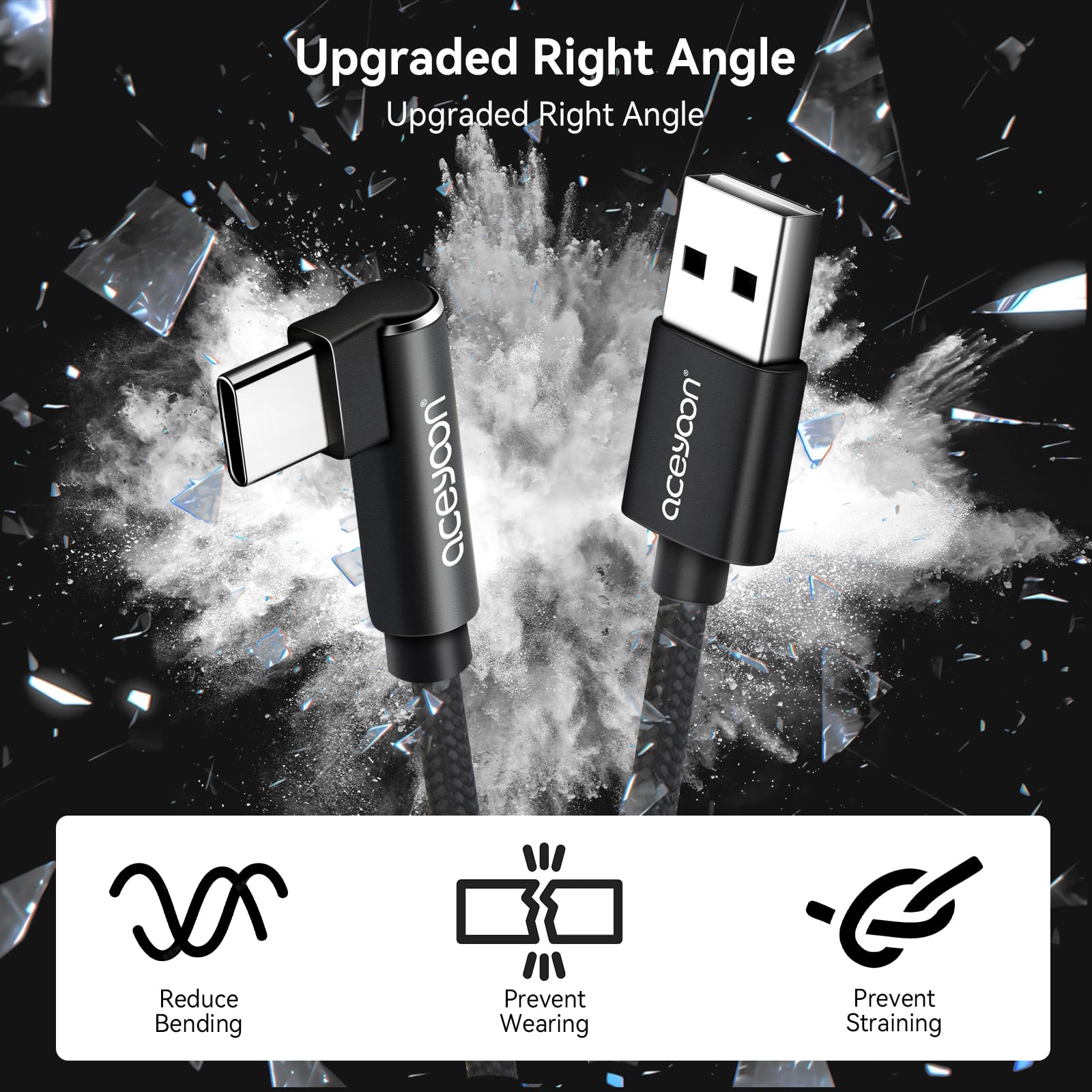 90 Degree Right Angle USB C Cable 0.5M - Short Braided USB to Type C Charger & Data Sync Cable - Compatible with Samsung Galaxy, Huawei, Google Pixel, iPhone 15 (Black) - Perfect for Gaming, Car Charging & Tight Spaces