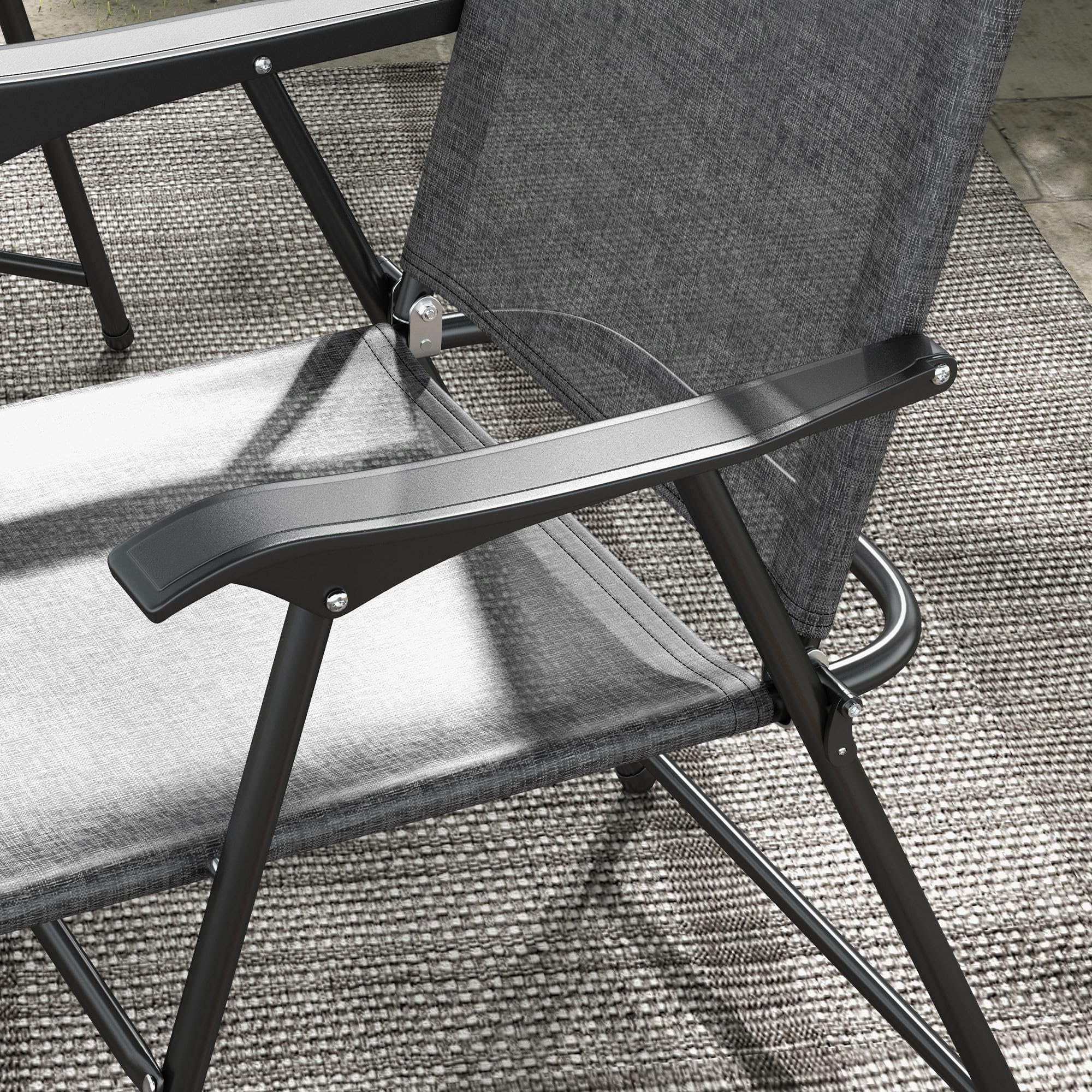 Outsunny 4-Pack Folding Patio Chairs with Armrests - Breathable Mesh Camping Chairs for Adults, Outdoor Lawn, Beach, Picnic & Sports Events - Gray Portable Lounge Chairs