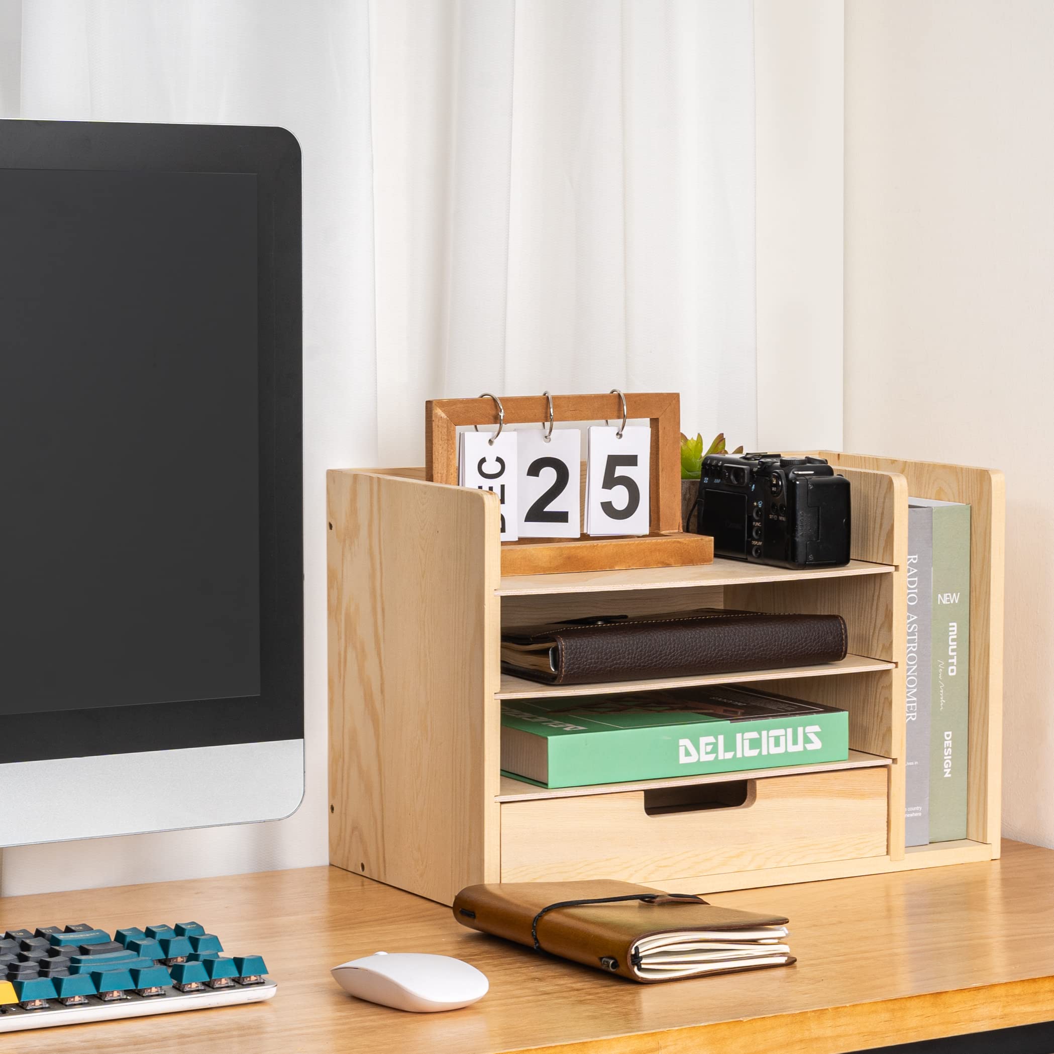 LAVIEVERT Wooden Desktop File Organizer with Drawer & 3 Adjustable Shelves - Mail Sorter, Paper Storage Cabinet for Home Office - Burly Wood - Perfect for Desk Organization, Document Management & Office Supplies Storage