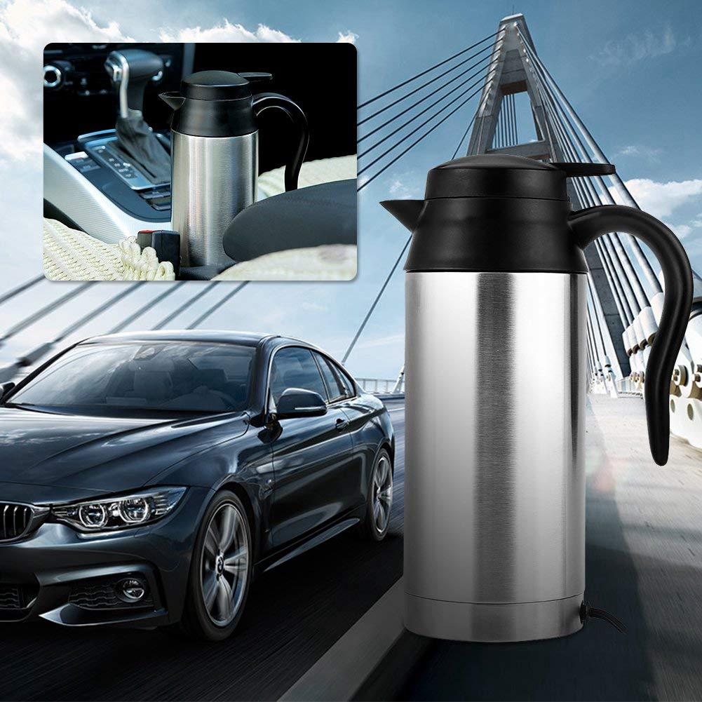 Tbest 750ml 12V Electric Water Kettle - Stainless Steel Car Travel Kettle with Cigarette Lighter Heating for Coffee & Tea - Silver & Black Portable Thermos - Perfect for Road Trips, Camping & Office Use
