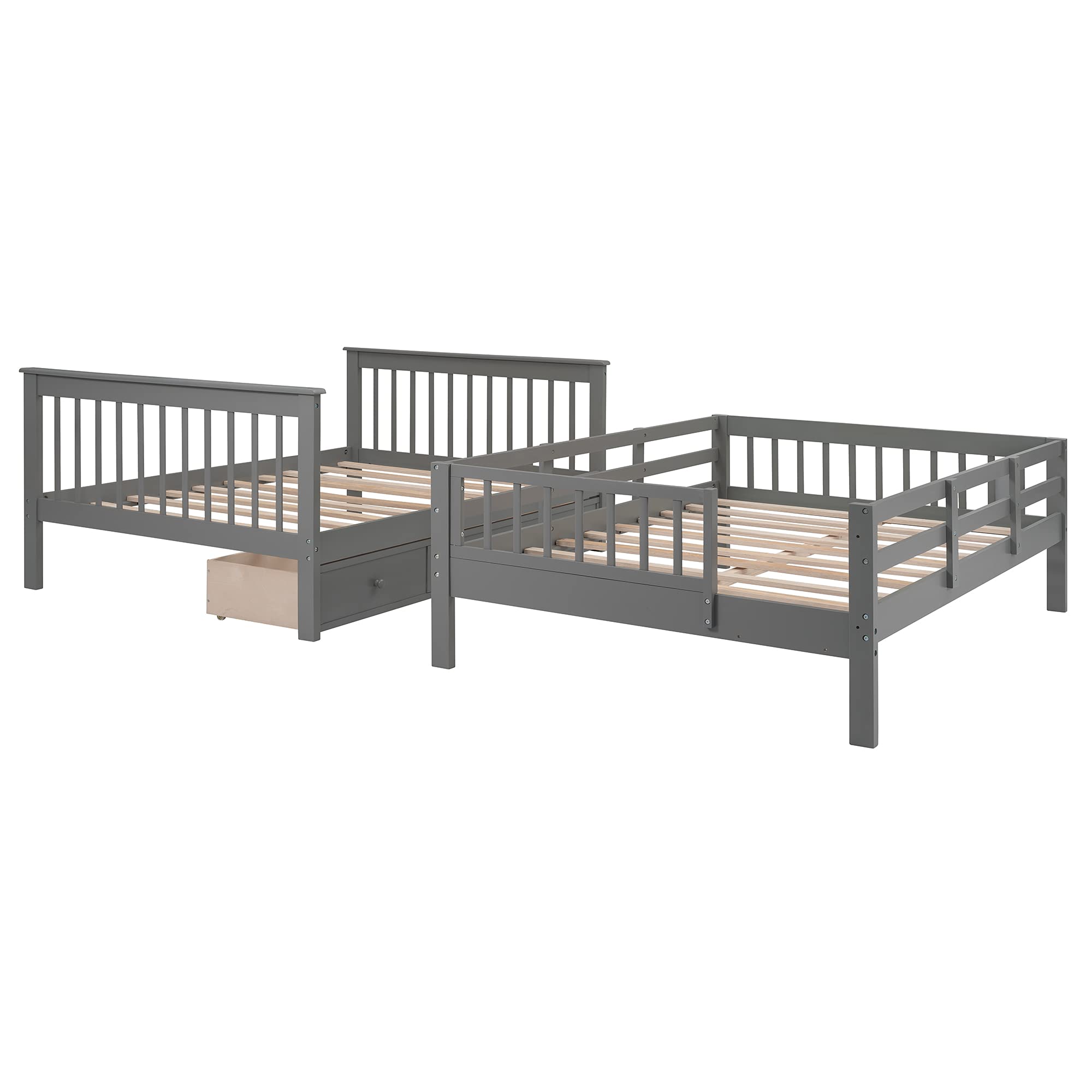 Harper & Bright Designs Full Over Full Bunk Bed with Stairs & Storage Drawers - Solid Wood Twin Bunk Bed for Kids, Teens & Adults - Space Saving Bedroom Furniture for Small Rooms & Shared Kids' Rooms (Grey)