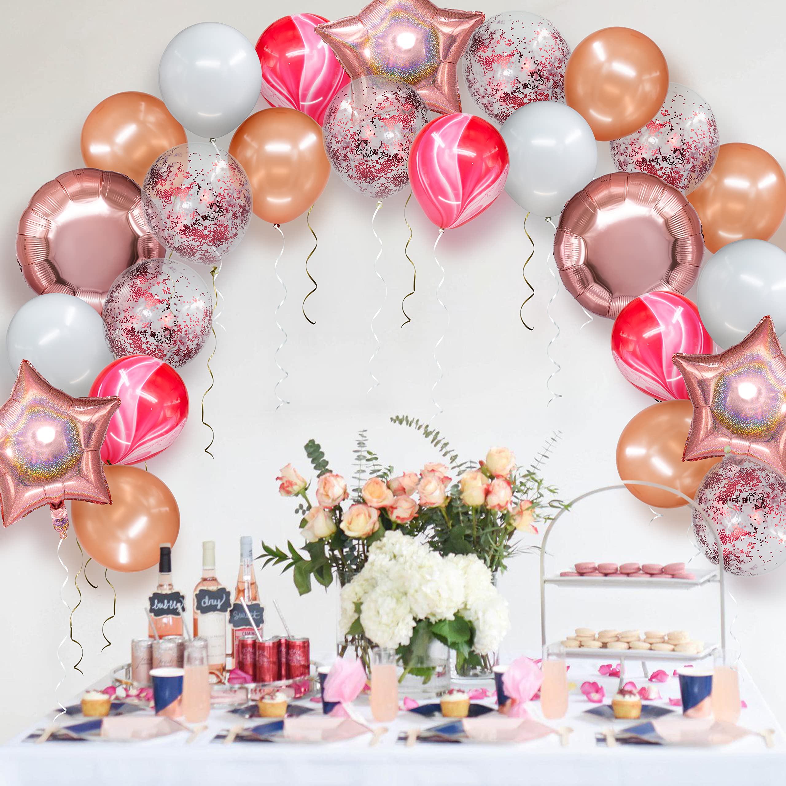 Rose Gold Balloon Garland Kit - 50PCS Rose Gold, Pink & White Balloons with Confetti for Birthday, Wedding, Engagement, Bridal & Baby Showers - Perfect for Party Backdrops, Photo Booths & Ceiling Decorations