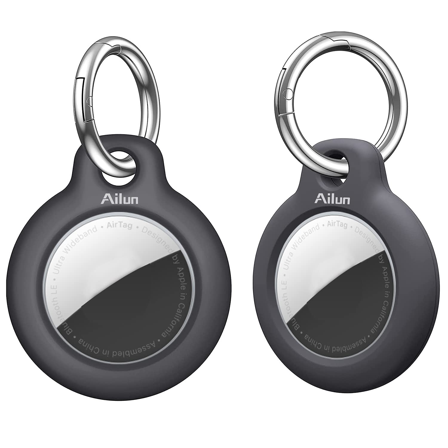 2 Pack Ailun Shockproof AirTag Case with Keychain Ring - Durable Hard PC Cover for Apple AirTag, Anti-Lost Tracker Protector, Wear-Resistant Black - Perfect for Keys, Luggage & Pet Collars
