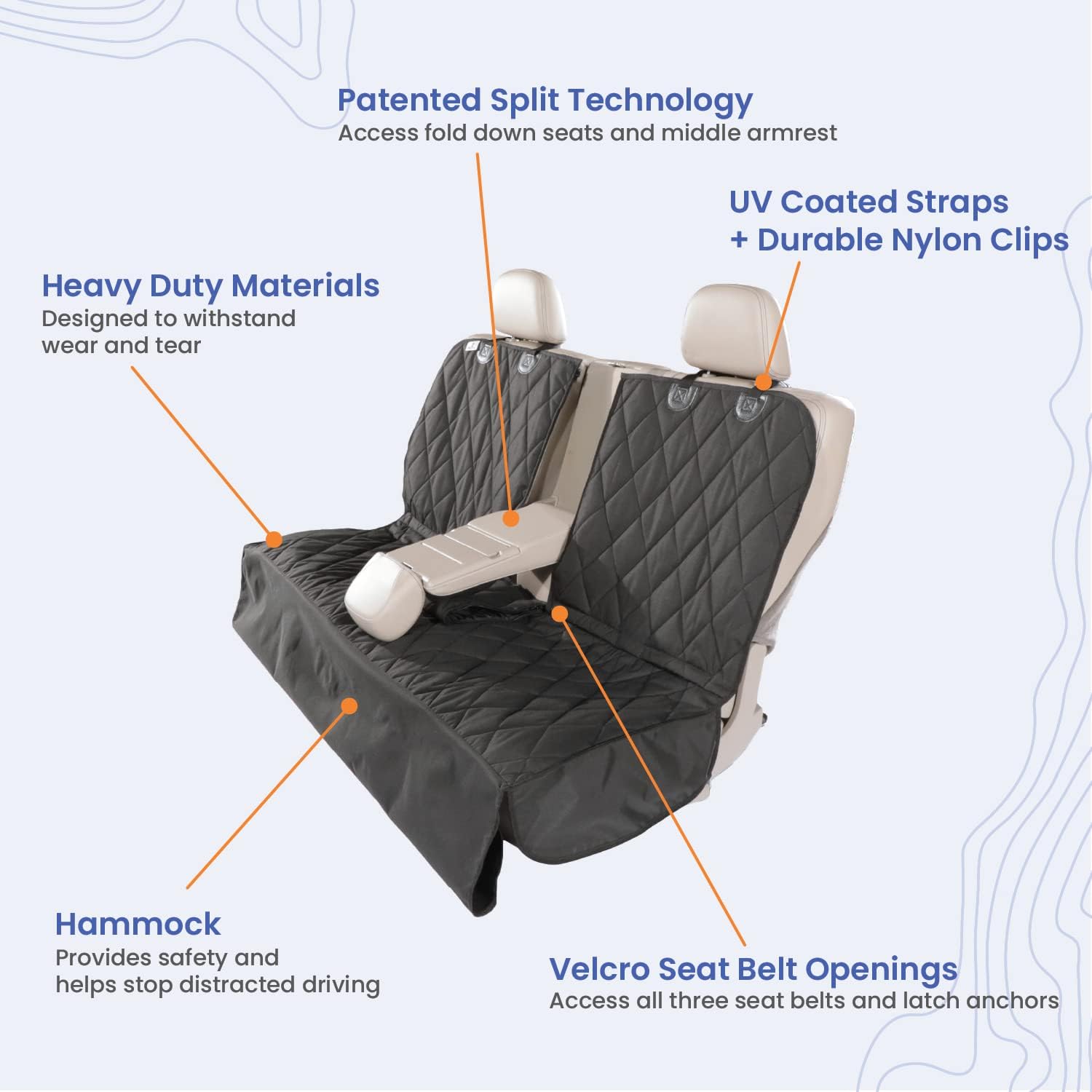 4Knines Waterproof Dog Seat Cover with Hammock - Extra Large Camo Pet Car Seat Protector for Back Seat - 60/40 Split Bench & Seat Belt Access - Durable Scratchproof Car Accessories for Travel & Outdoor Adventures