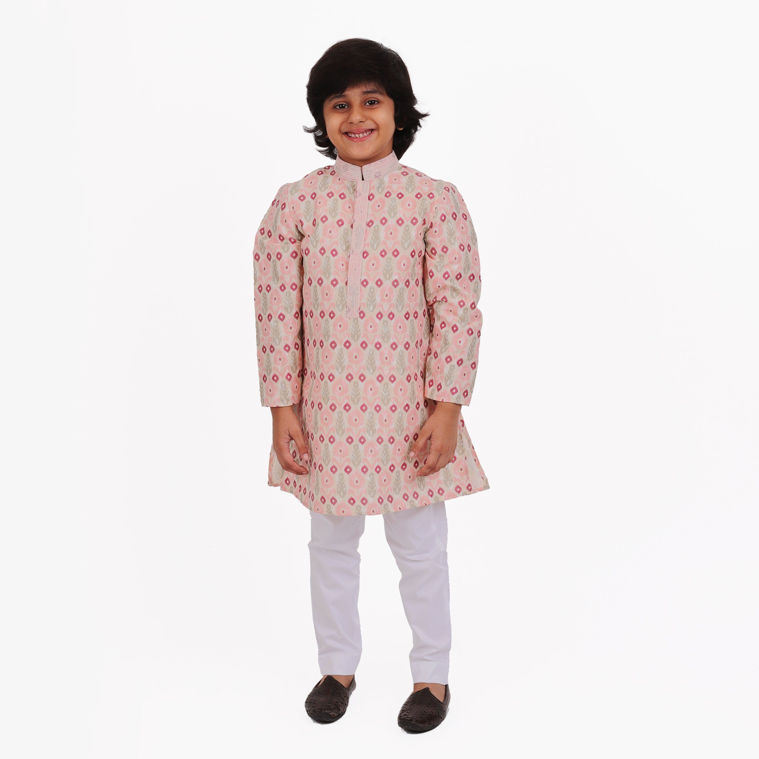 Pre Order: Stylish Pink Pattern Kurta with White Pants for Boys - Perfect for Festivals, Weddings & Special Occasions