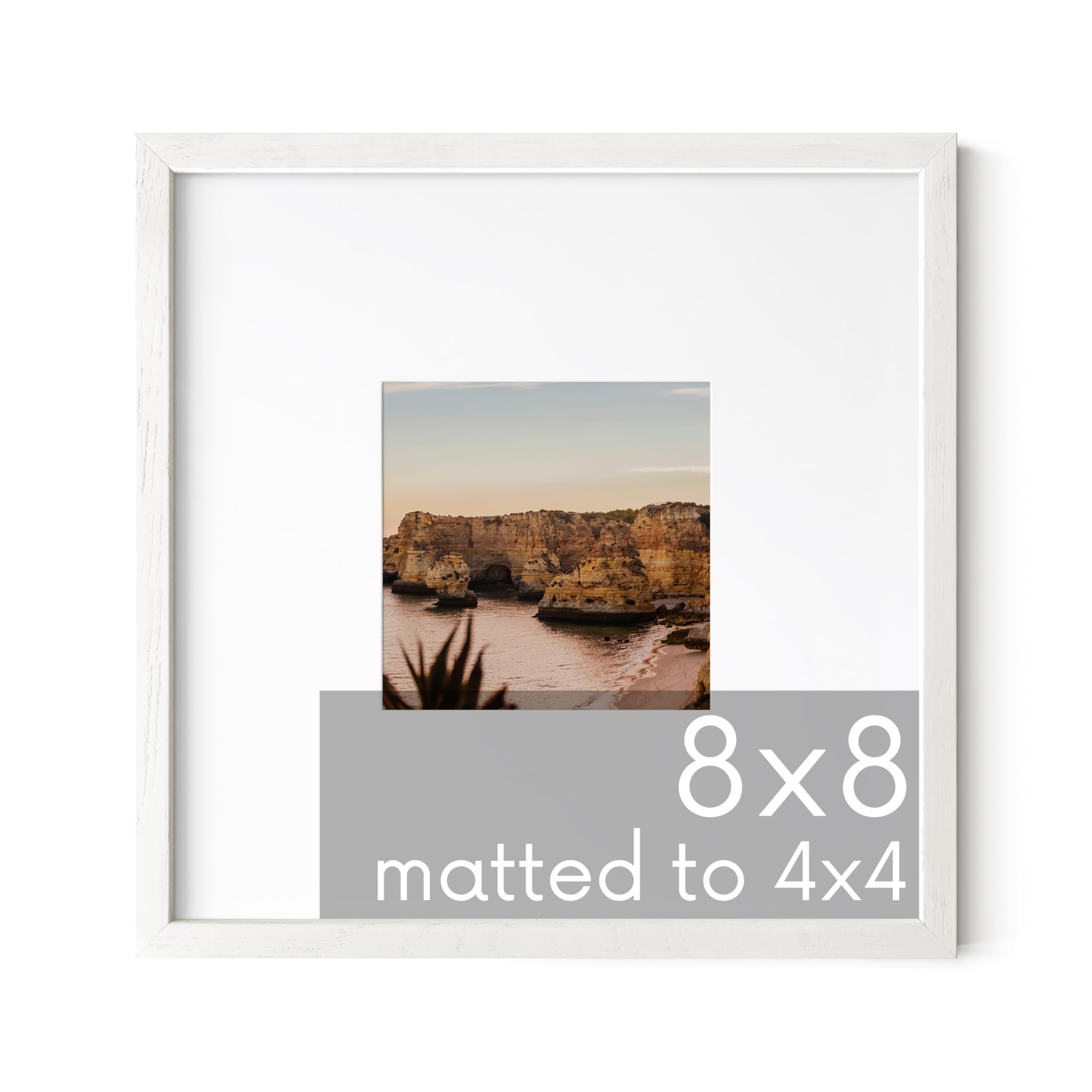HAUS AND HUES 8x8 Inch Solid Oak Wood Picture Frame with 4x4 Inch Mat - White Square Photo Frame for Wall Art, Home Decor, and Office Display - Perfect for Family Photos, Artwork, and Posters