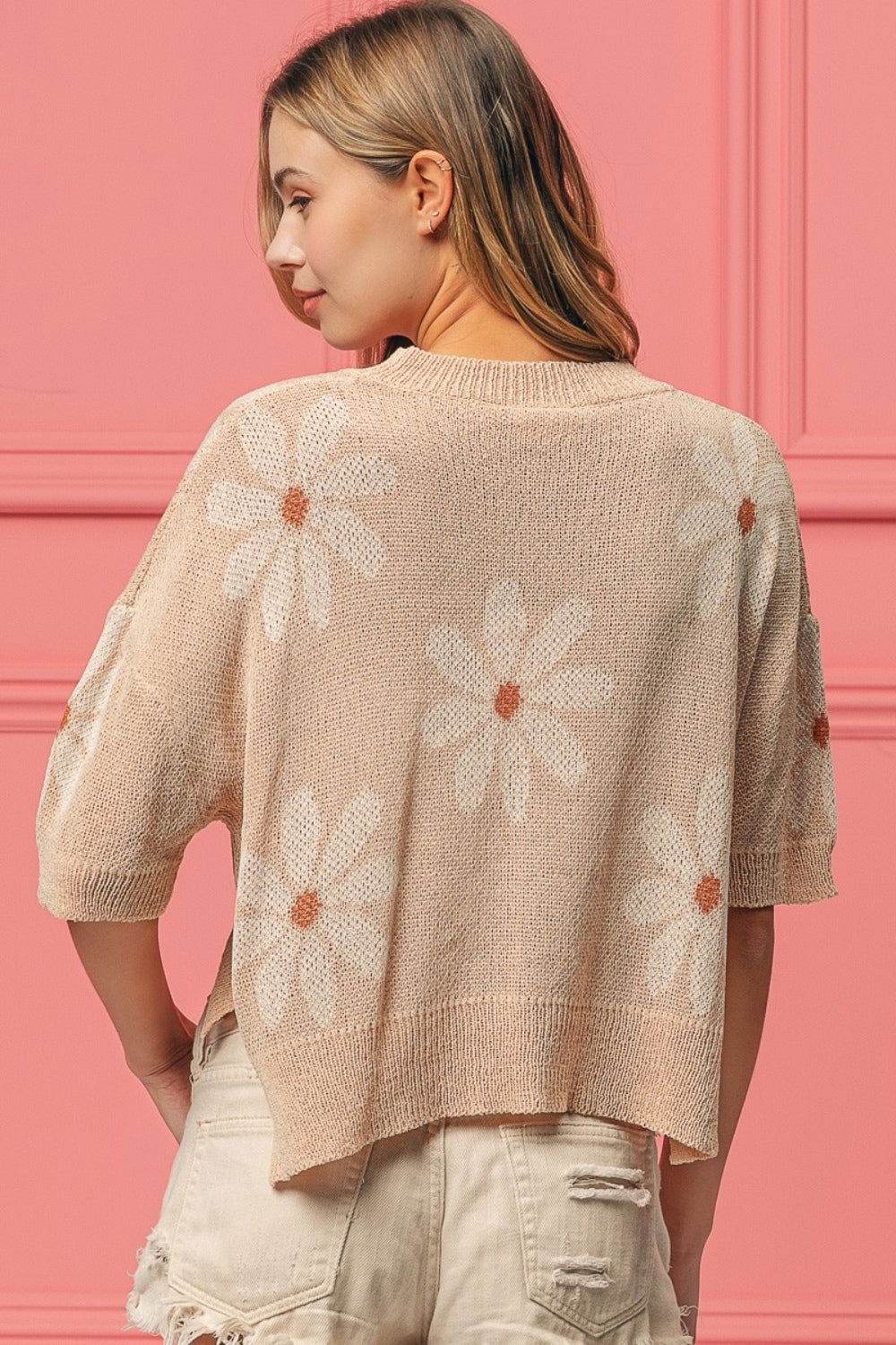 BiBi Floral Pattern Slit Sweater - Women's Chic Knit Top for Casual Outings & Date Nights | Perfect for Spring & Fall Fashion