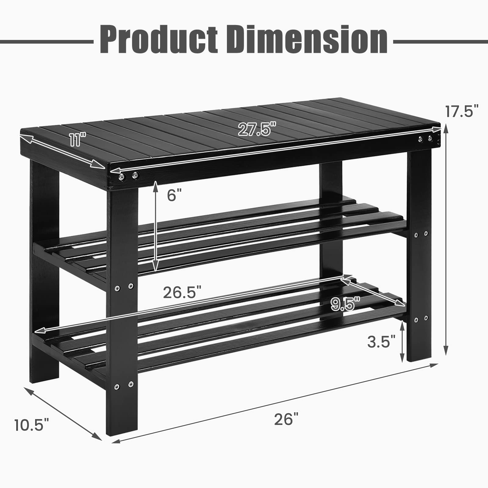 Giantex 3-Tier Bamboo Shoe Bench & Storage Rack - Holds 6 Pairs of Shoes - Entryway Organizer for Heels, Slippers - Perfect for Living Room, Bathroom, Closet & Mudroom Organization (Black)