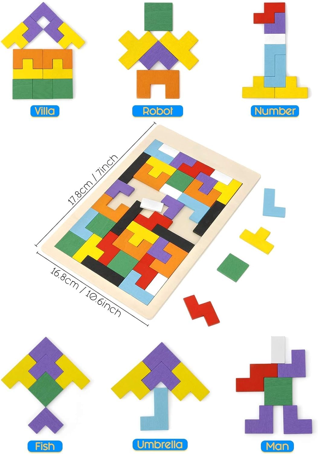 Wooden Russian Blocks Puzzle Set for Kids & Adults - 40 PCS Brain Teaser Toy with Storage Bag, Educational Gift for Ages 3-8 | Family Game Night, Classroom Learning & Travel Activity