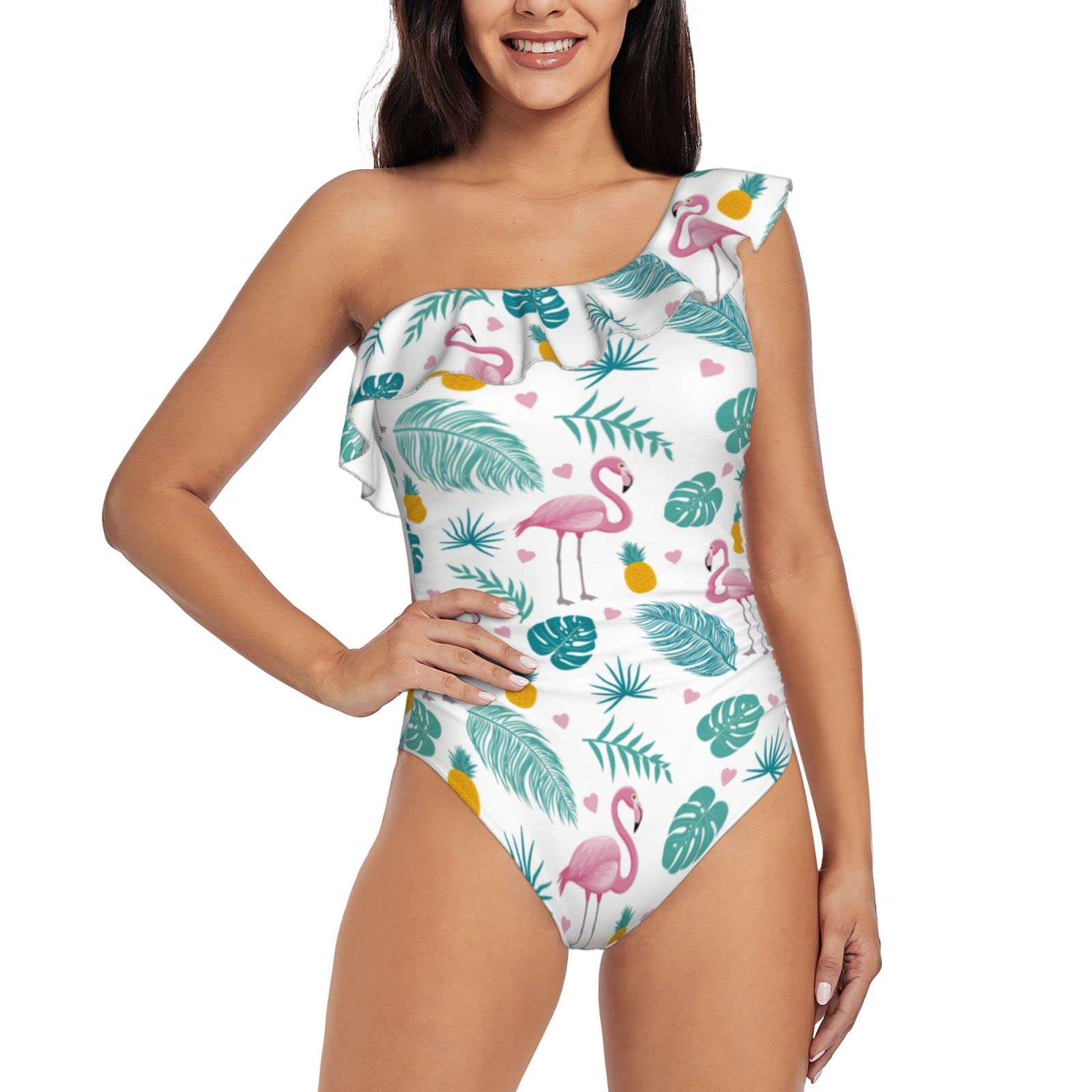 Flamingo Women's One Shoulder One Piece Swimsuit - Asymmetric Ruffle Bathing Suit for Women, Sexy Beachwear for Pool Party, Vacation & Summer Swim