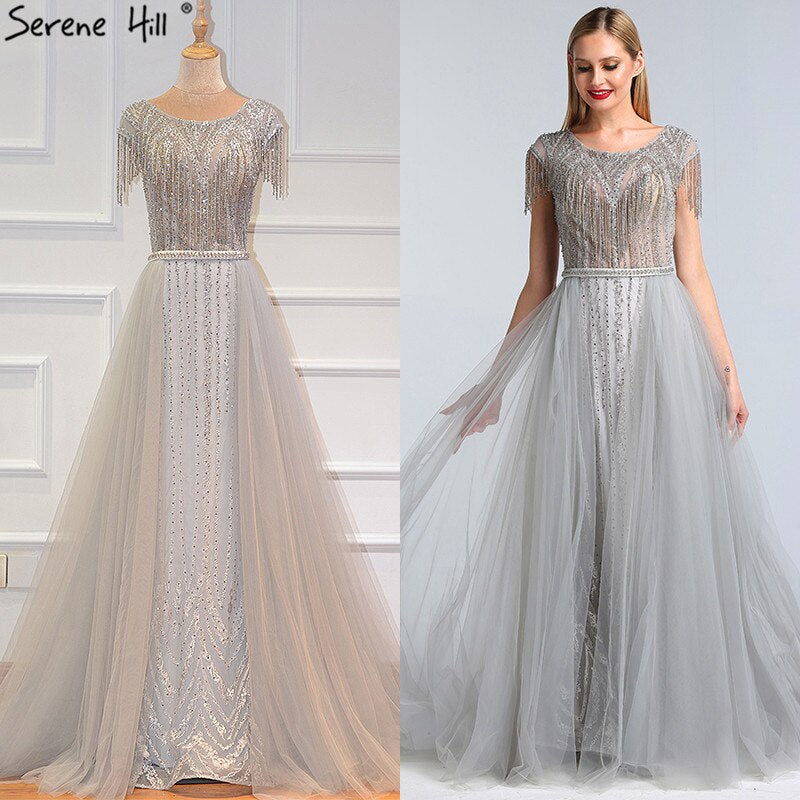 Serene Hill Grey Luxury Beaded Tassel Evening Gown with Train & Cap Sleeves - Elegant Women's Party Dress for Prom, Gala & Formal Events 2025 (LA60874)