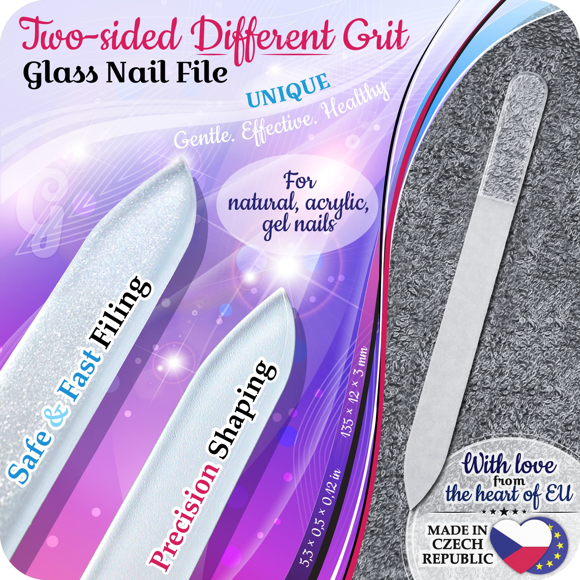 Premium GLADZY Czech Glass Nail File with Protective Case - Etched Crystal Nail File for Natural Nails Care, Double Sided Different Grit Surface (100/180), Professional Manicure & Pedicure Tool, Durable EU-Made Nail Shaper - Perfect for Home Salon, Travel & Gift Giving