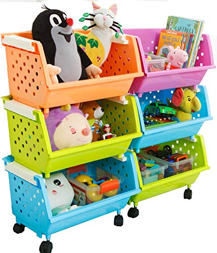 MAGDESIGNER Large Toy Storage Bins with Wheels - Kids Rolling Organizer Chest for Toys, Books & Clothes - Natural/Primary Color (6 Baskets Set) - Perfect for Playroom, Bedroom & Daycare Organization