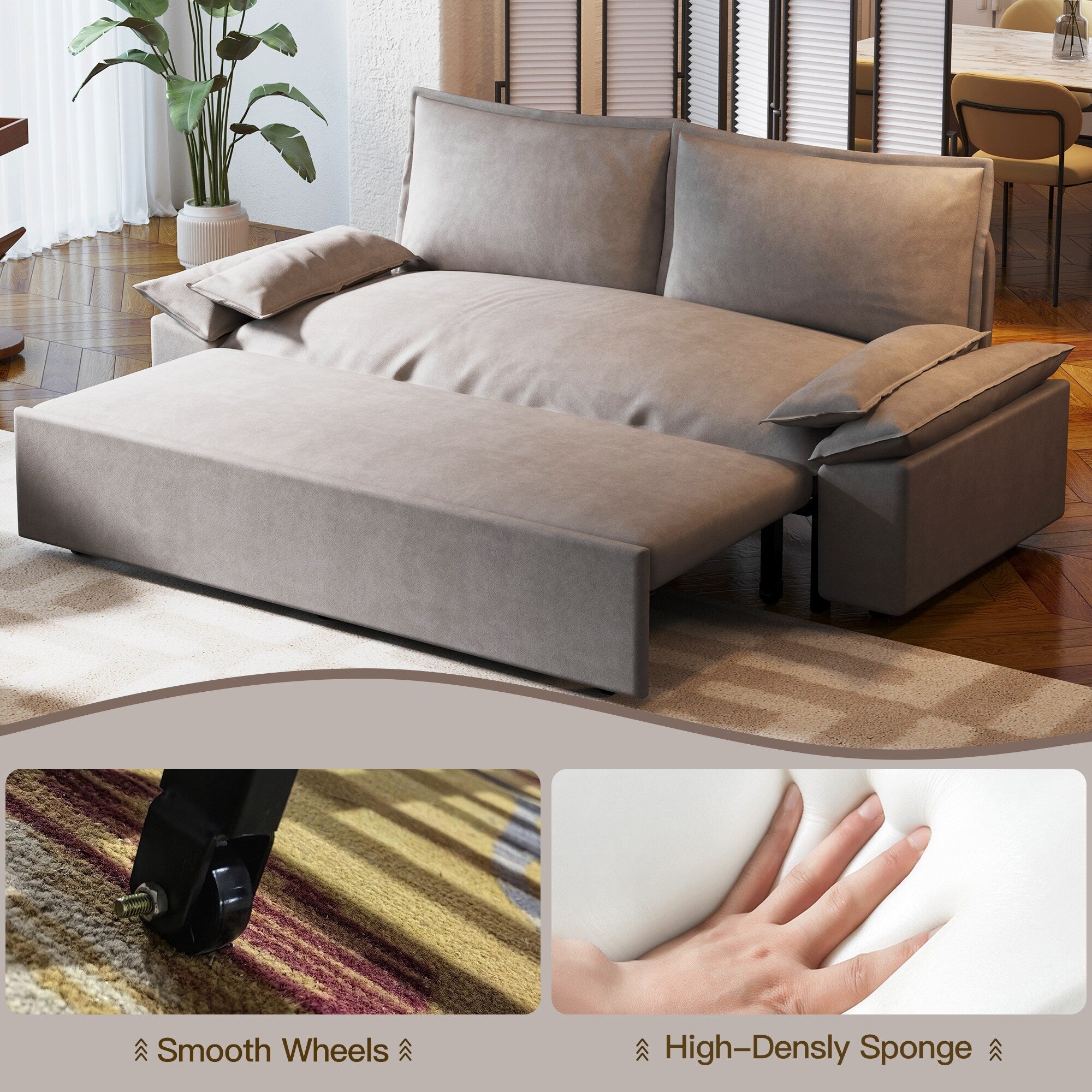 3 in 1 Convertible Sleeper Sofa Bed - Queen Size Pull Out Couch with Velvet Upholstery & Pillows - Space Saving Furniture for Small Apartments, Guest Rooms & Home Offices