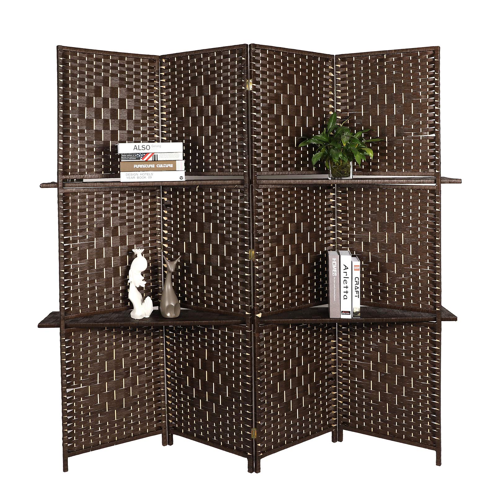 Hand-Woven 4-Panel Room Divider Screen - 6ft Tall Freestanding Privacy Partition with Removable Wooden Storage Shelves | Perfect for Living Room, Bedroom, Study & Office Spaces | Brown Natural Fiber Design