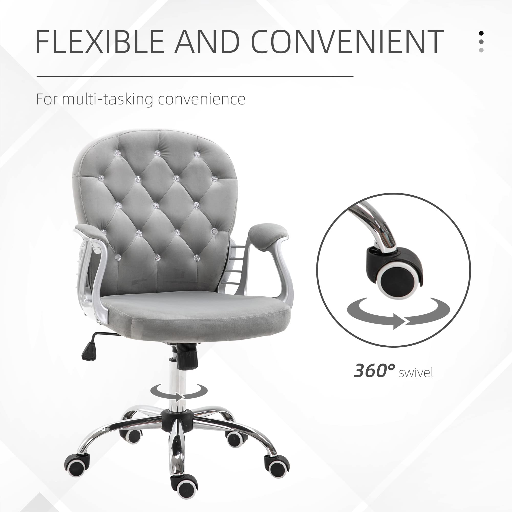 Vinsetto Velvet Home Office Chair - Button Tufted Ergonomic Desk Chair with Padded Armrests, Adjustable Height & 360° Swivel Wheels, Gray - Perfect for Home Office, Gaming & Study Workspace