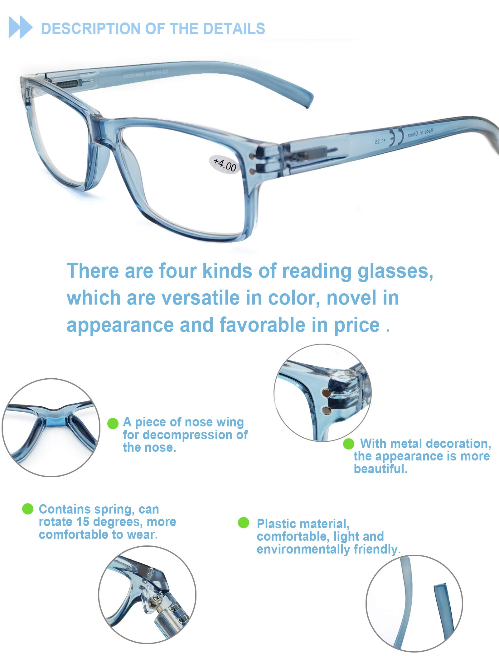 HEEYYOK 4 Pack Reading Glasses for Men & Women with Flexible Spring Hinges - Lightweight Cheater Glasses & Readers Sunglasses - Perfect for Reading, Computer Use, and Outdoor Activities