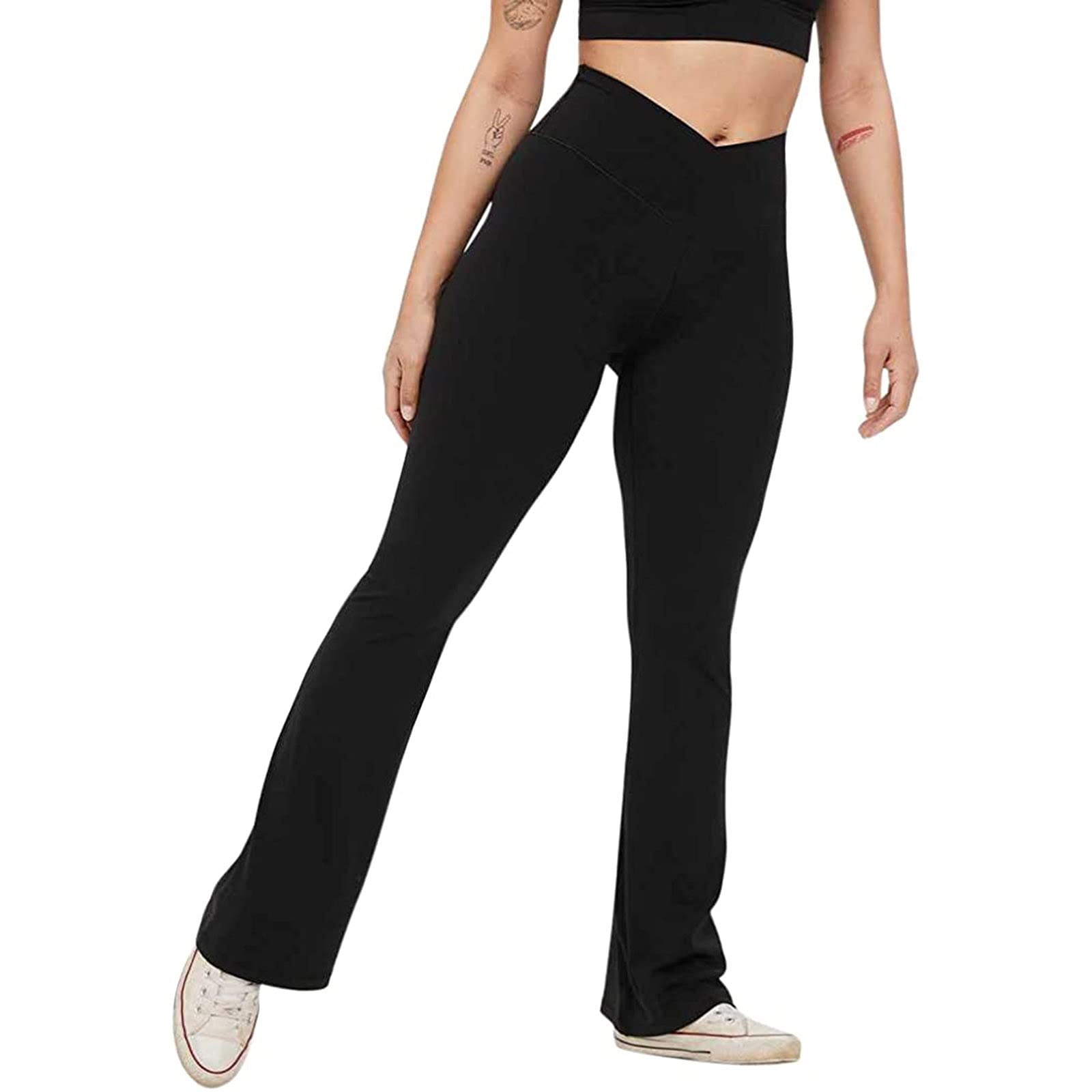 ROUJI Women's High Waist Bootcut Yoga Pants - Flared Leggings for Workout, Fitness & Lounge - Black Athletic Palazzo Trousers with Crossover Waistband | Perfect for Yoga, Running & Casual Wear