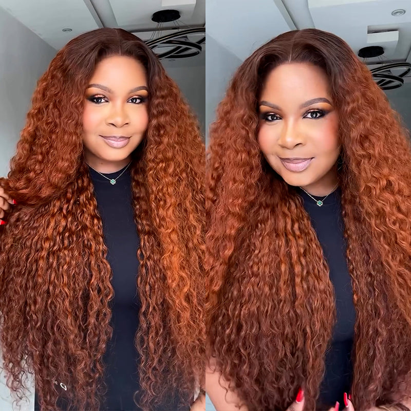 Eullair Dark Ginger Kinky Curly Lace Frontal Wig with Dark Brown Roots - Pre-Colored Glueless Human Hair Wig for Women | Natural Look for Parties, Weddings & Daily Wear