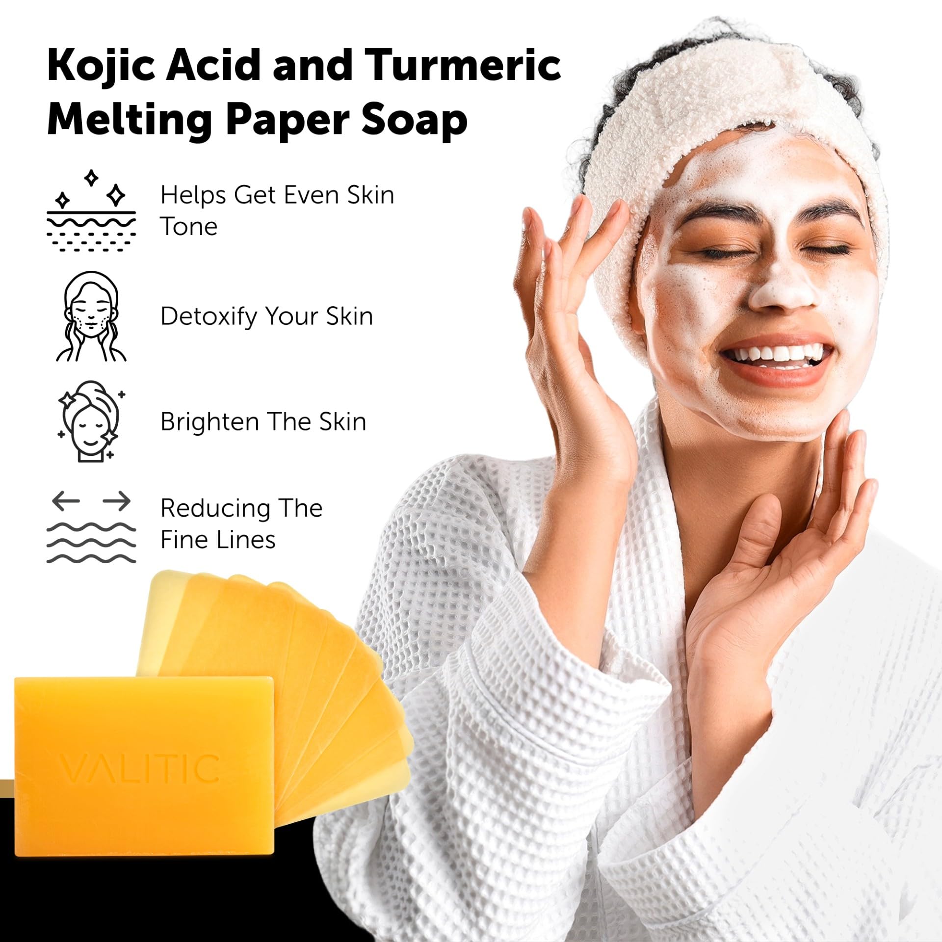 VALITIC Kojic Acid & Turmeric Dark Spot Corrector Soap - Vitamin C, Retinol & Collagen Infused Skin Brightening Bar - 2 Pack with 200 Melting Paper Sheets - For Hyperpigmentation, Acne Scars & Uneven Skin Tone - Perfect for Daily Face & Body Cleansing Routine