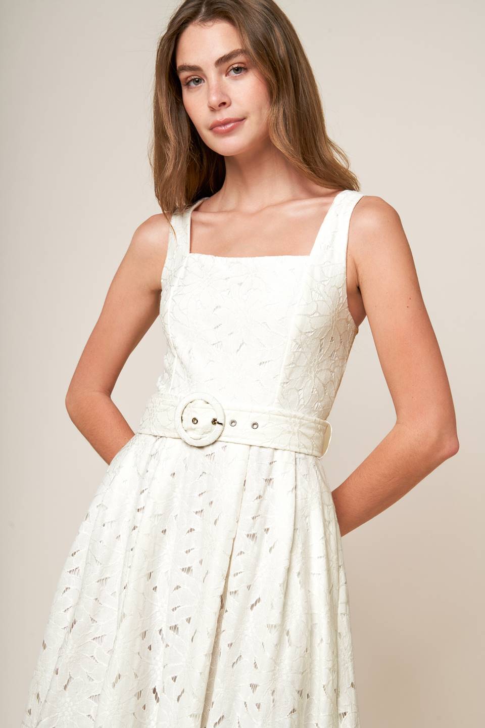 DAFFODILS & DAYDREAMS Woven Lace Midi Dress - Elegant Floral Summer Dress for Women, Perfect for Garden Parties, Weddings & Date Nights
