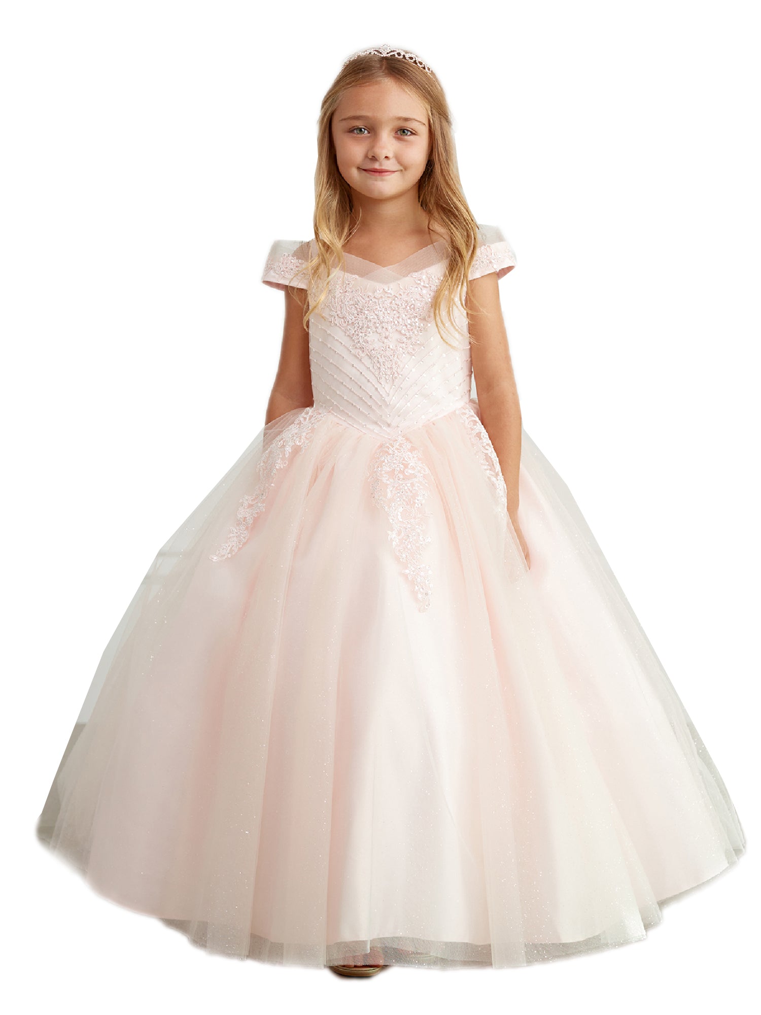 Elegant Off-Shoulder Pageant Dress with Chevron Beading for Girls Size 8-18 | Perfect for Pageants, Prom, and Special Occasions