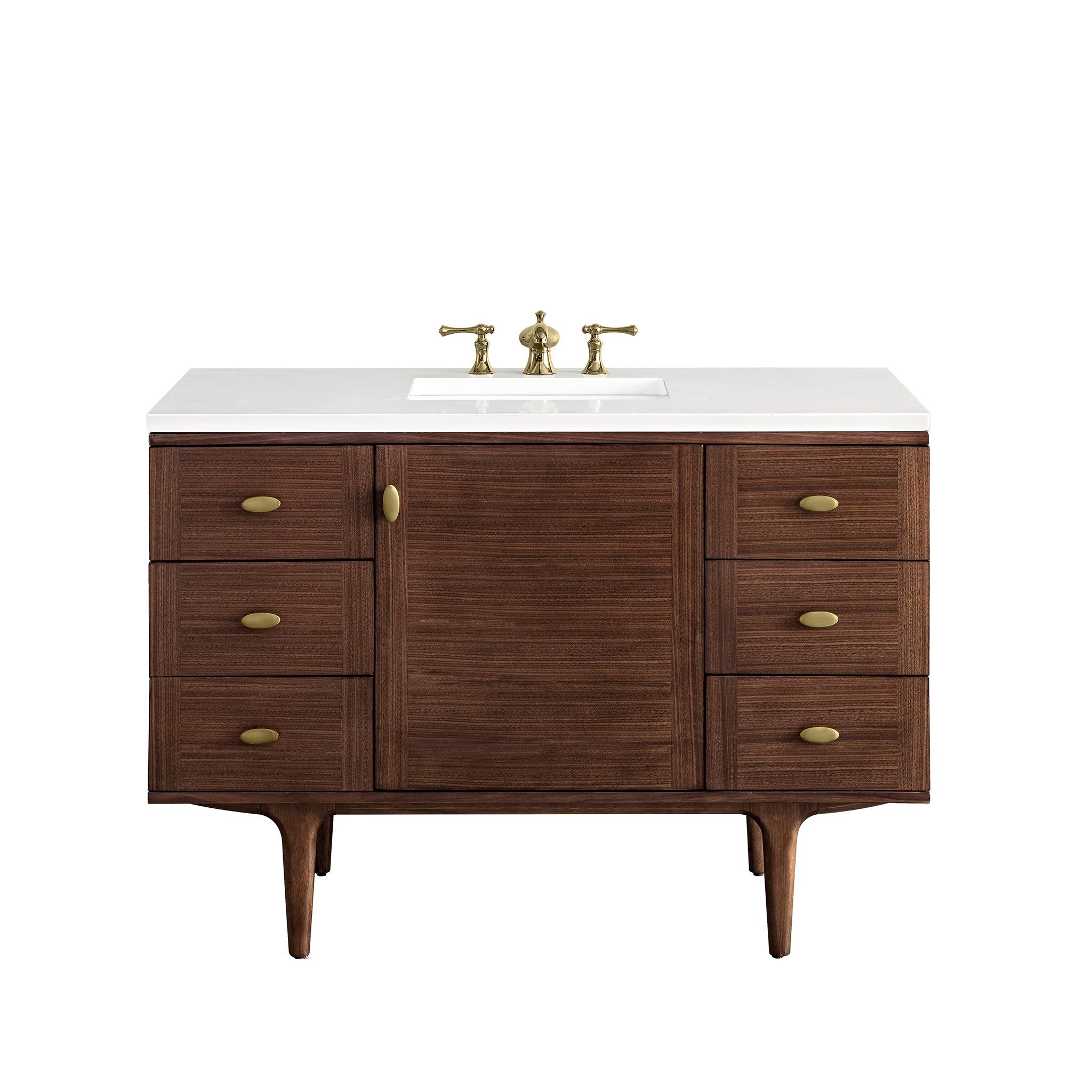 Amberly 48 Inch Single Bathroom Vanity - Mid Century Modern Walnut Finish with 3CM White Zeus Quartz Top - Perfect for Small Bathrooms & Powder Rooms