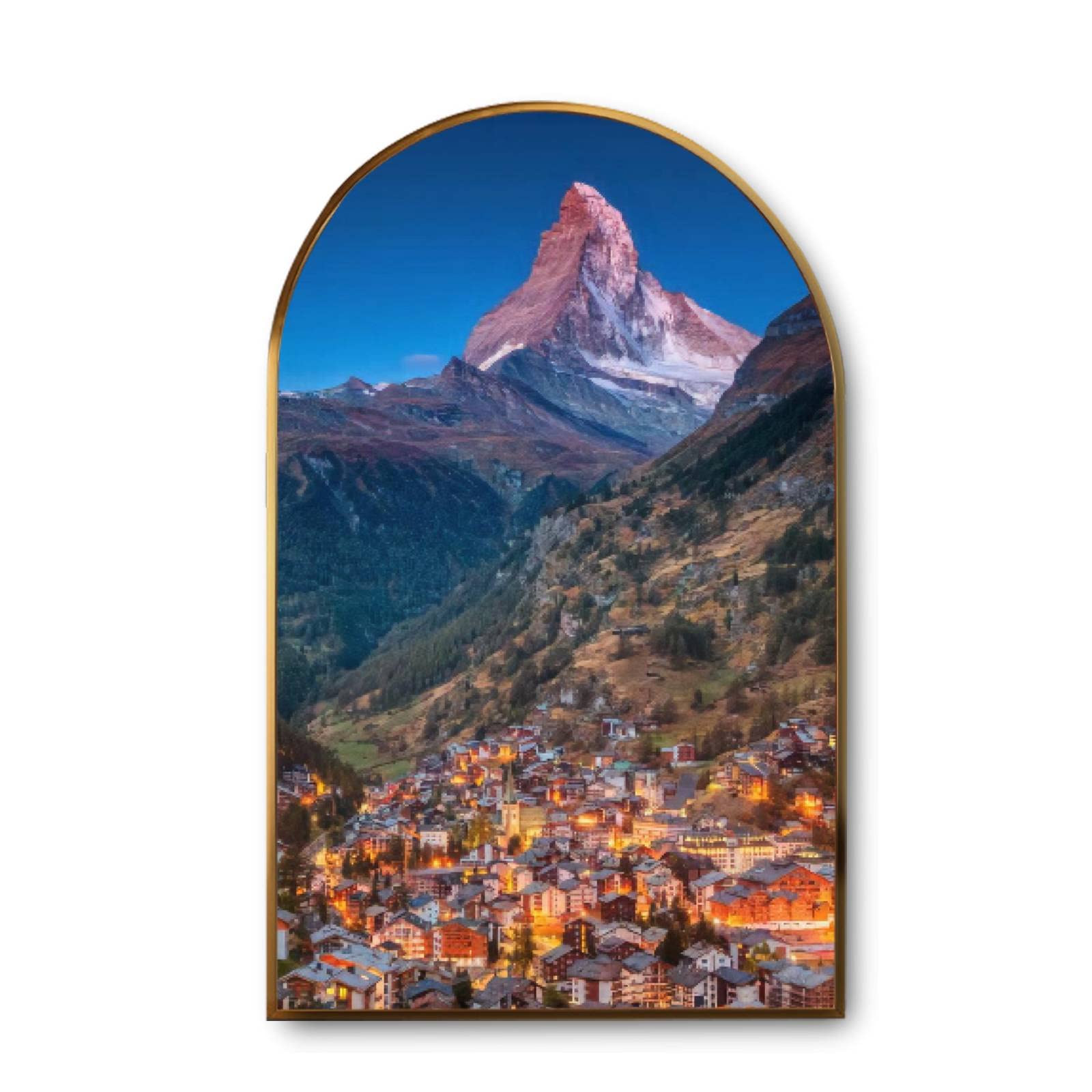 Golden Framed Canvas Wall Art - Arch Zermatt Switzerland Scenic Landscape Painting, Modern Giclee Print, Rustic Home Decor, Ready to Hang | Perfect for Living Room, Bedroom & Office Wall Decoration