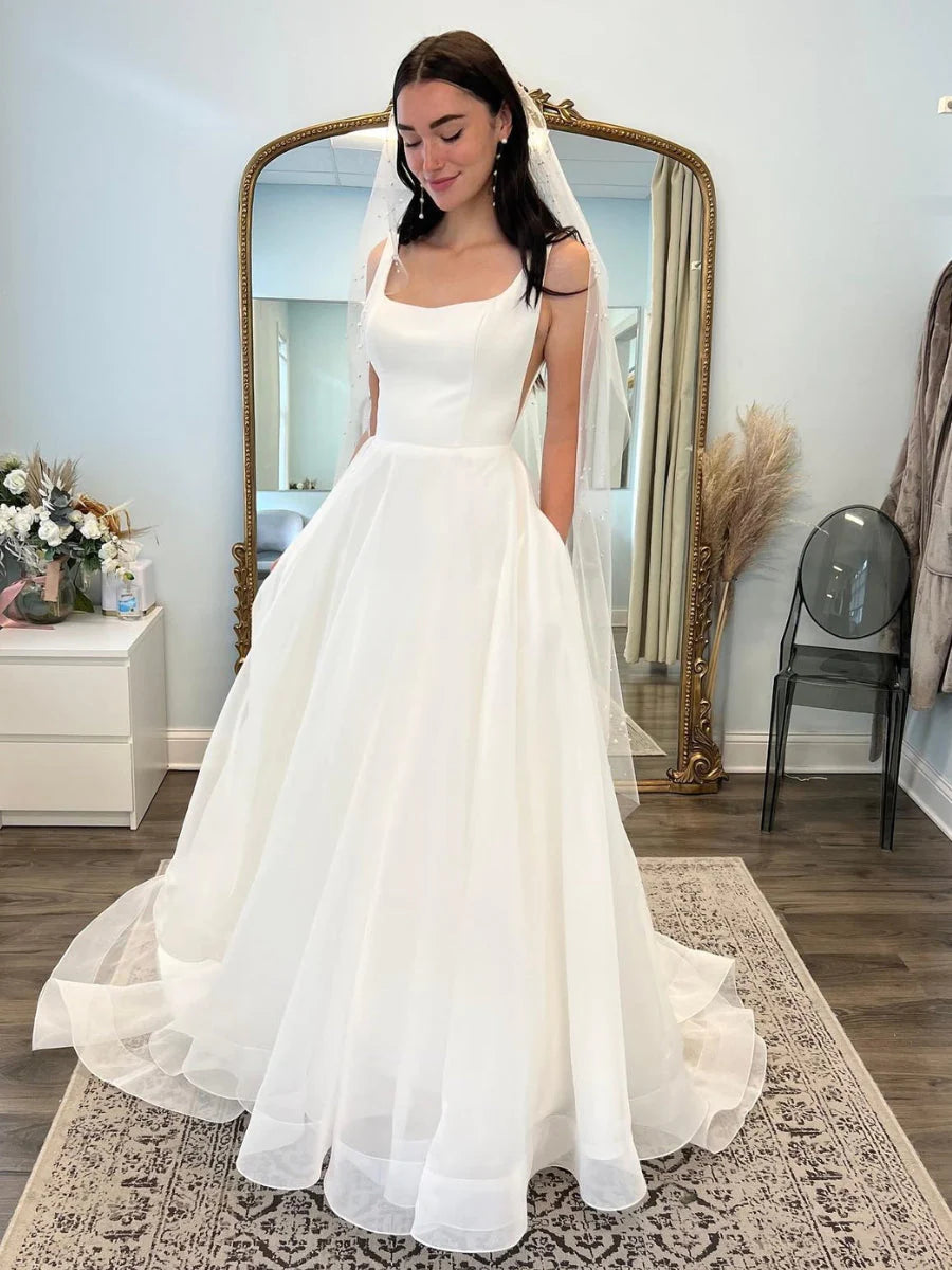 Elegant A-Line Minimalist Wedding Dress - Drop Waist Satin Gown for Women | Perfect for Beach, Church & Outdoor Ceremonies