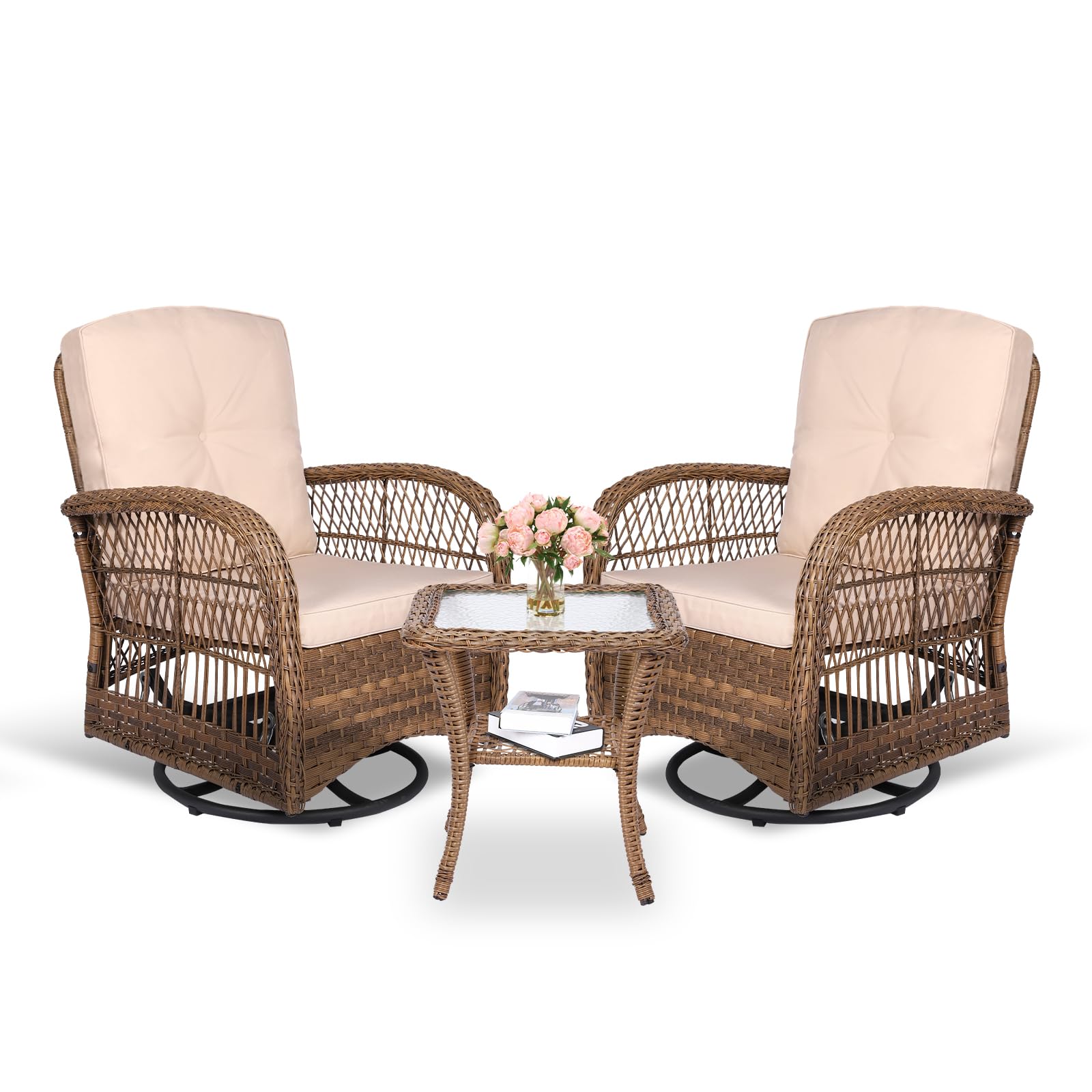 MEETWARM 3-Piece Outdoor Wicker Swivel Rocking Chair Patio Set with Thickened Cushions & Glass-Top Coffee Table - Rattan Furniture for Porch, Garden, Deck - Light Brown Conversation Bistro Set for Relaxing & Entertaining
