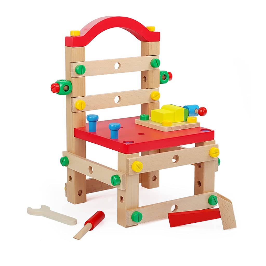 WJJ Wooden Building Blocks Chair - DIY Assembly Educational Toy with Screw Nut Combination for Kids (Red) | STEM Learning, Creative Play & Hands-On Development