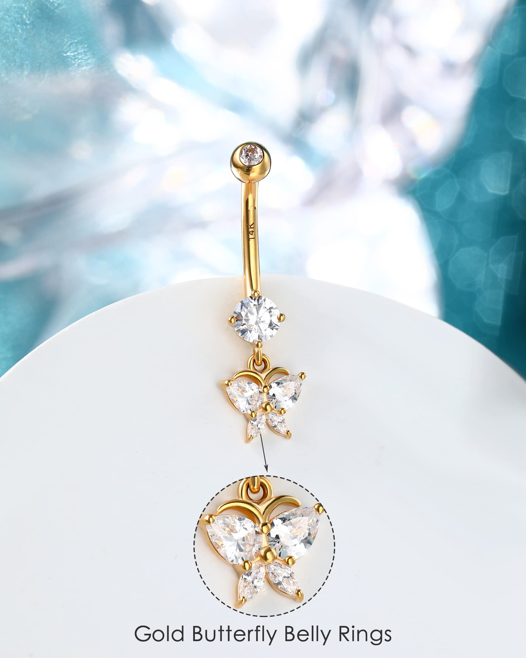 14K Solid Gold Butterfly Belly Button Rings for Women - Dangle Navel Piercing Jewelry with Clear CZ Stones - Elegant Body Jewelry for Parties, Beach & Everyday Wear