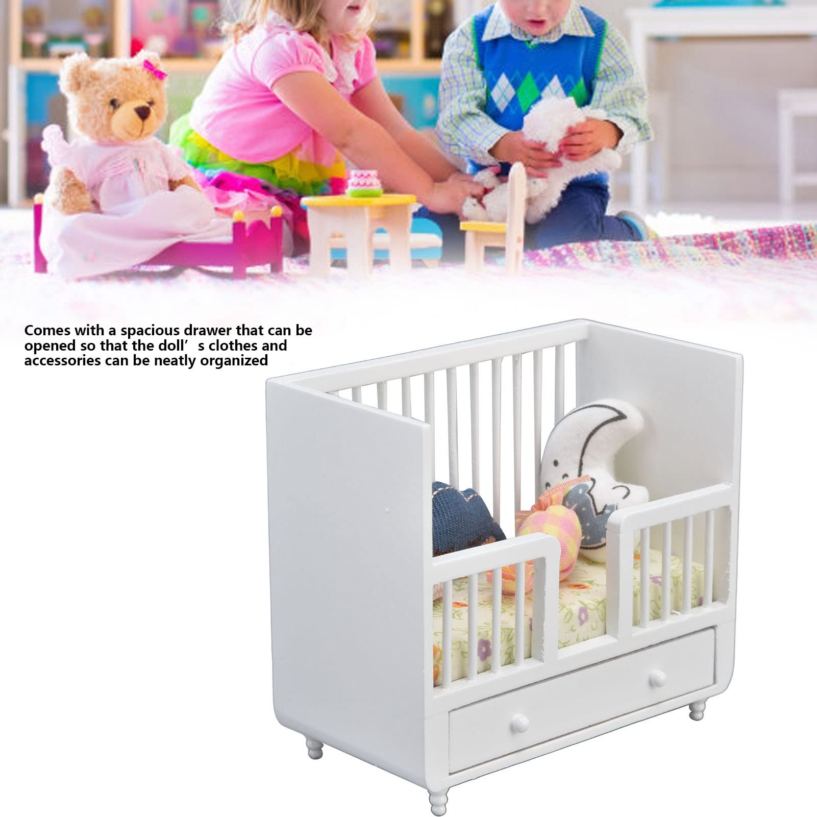 Miniature Dollhouse Baby Cradle - Handmade Wooden Doll Crib with 4 Soft Cushions for DIY Dollhouse Room Decor | Perfect for 1:12 Scale Miniature Scenes, Doll Accessories & Creative Craft Projects