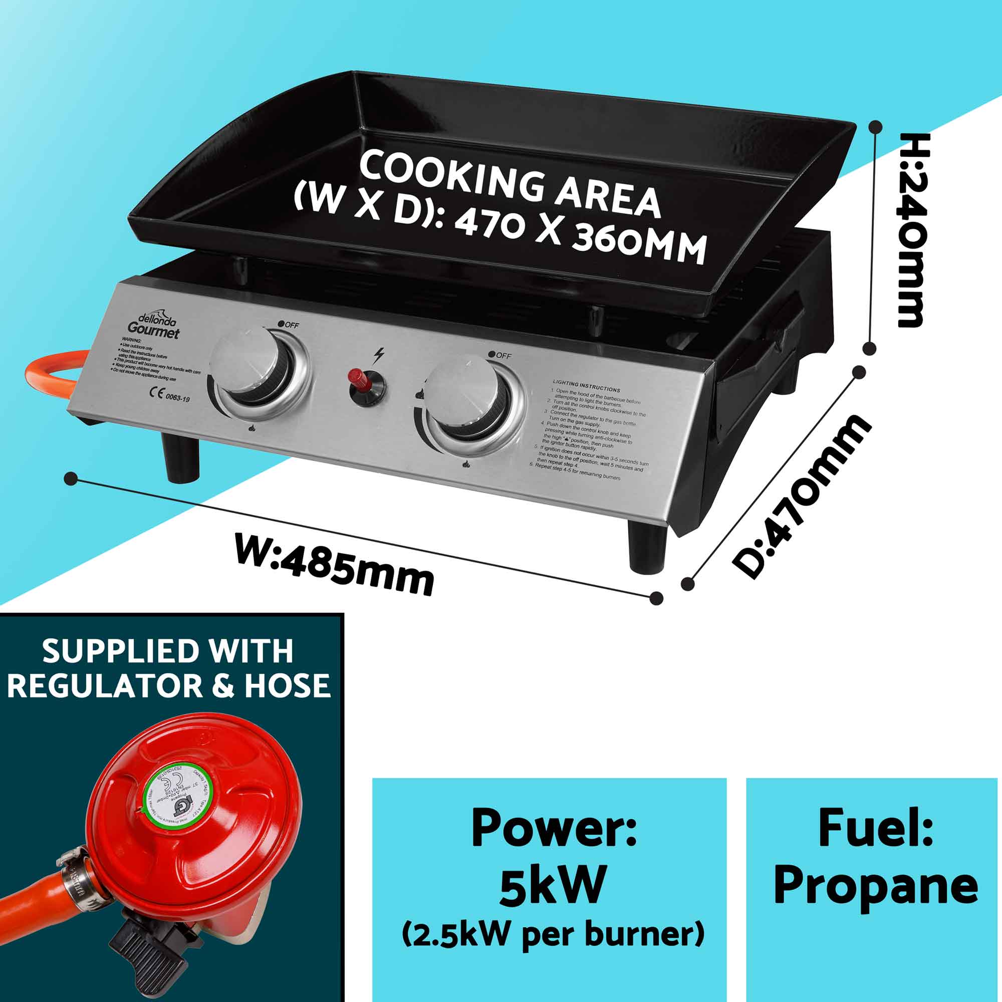2 Burner Portable Gas Griddle 5kW BBQ Grill with Cover, Stainless Steel Outdoor Cooking for Camping, Tailgating & Backyard Parties - DG232