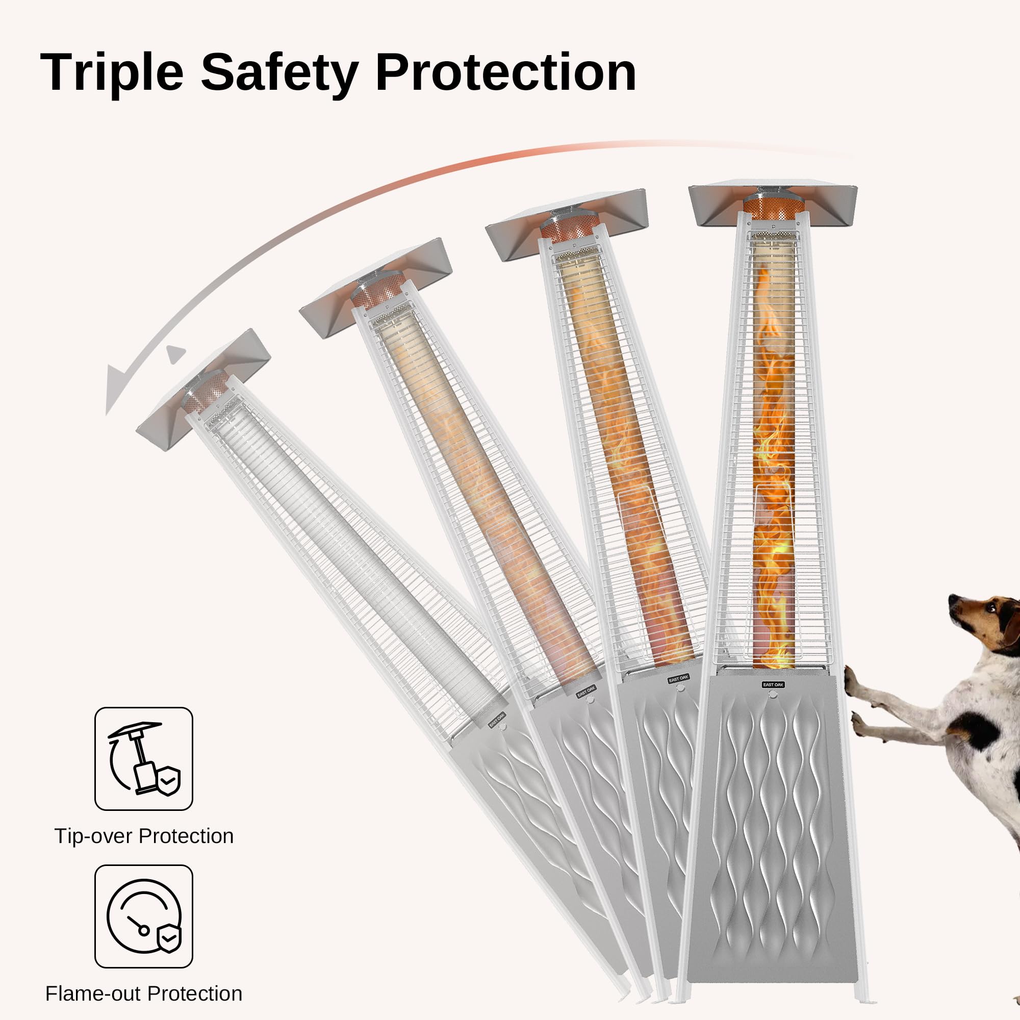 EAST OAK 48,000 BTU Stainless Steel Pyramid Patio Heater with Quartz Glass Tube - Triple Protection System & Wheels - Outdoor Propane Heater for Restaurants, Backyard, Deck, Garden - Commercial & Residential Use