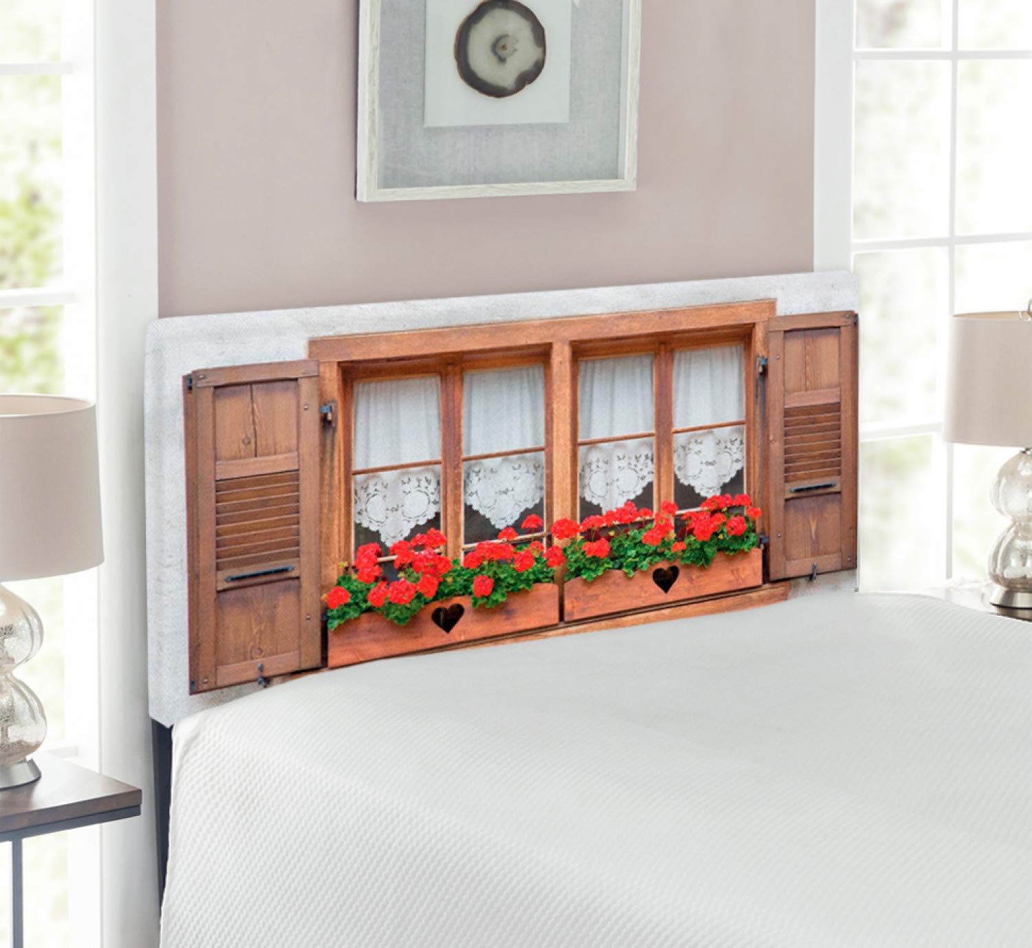 Ambesonne Country Headboard - Vintage European Windows with Shutters & Flower Pots Design, Upholstered Metal Bed Frame with Memory Foam, Twin Size, Brown White Red - Perfect for Boho, Farmhouse & Rustic Bedroom Decor
