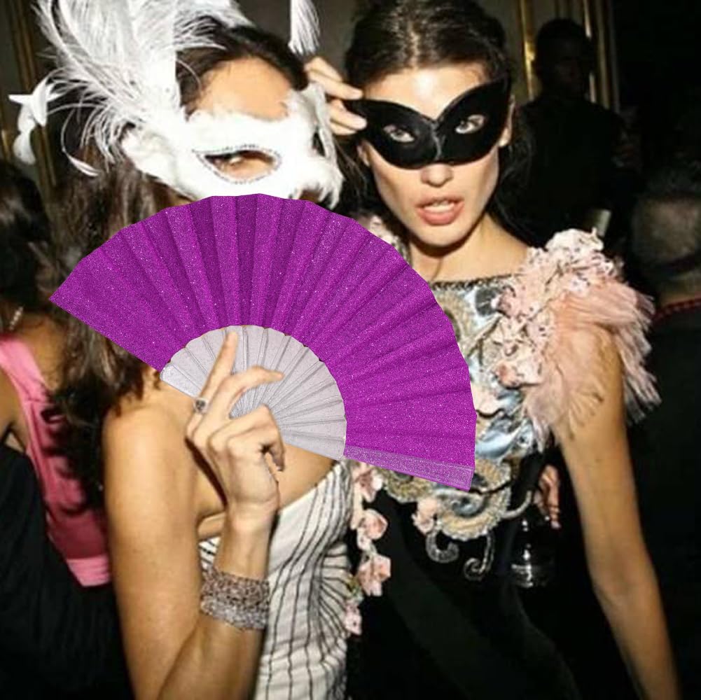 HeyToo Glitter Women's Handheld Fan with Shining Transparent Rib - Elegant Wedding Accessory, Church Ceremony, Festival, Dance Party, Prom, Club & EDM Events - Perfect for Summer Cooling & Stylish Outfits (Purple)