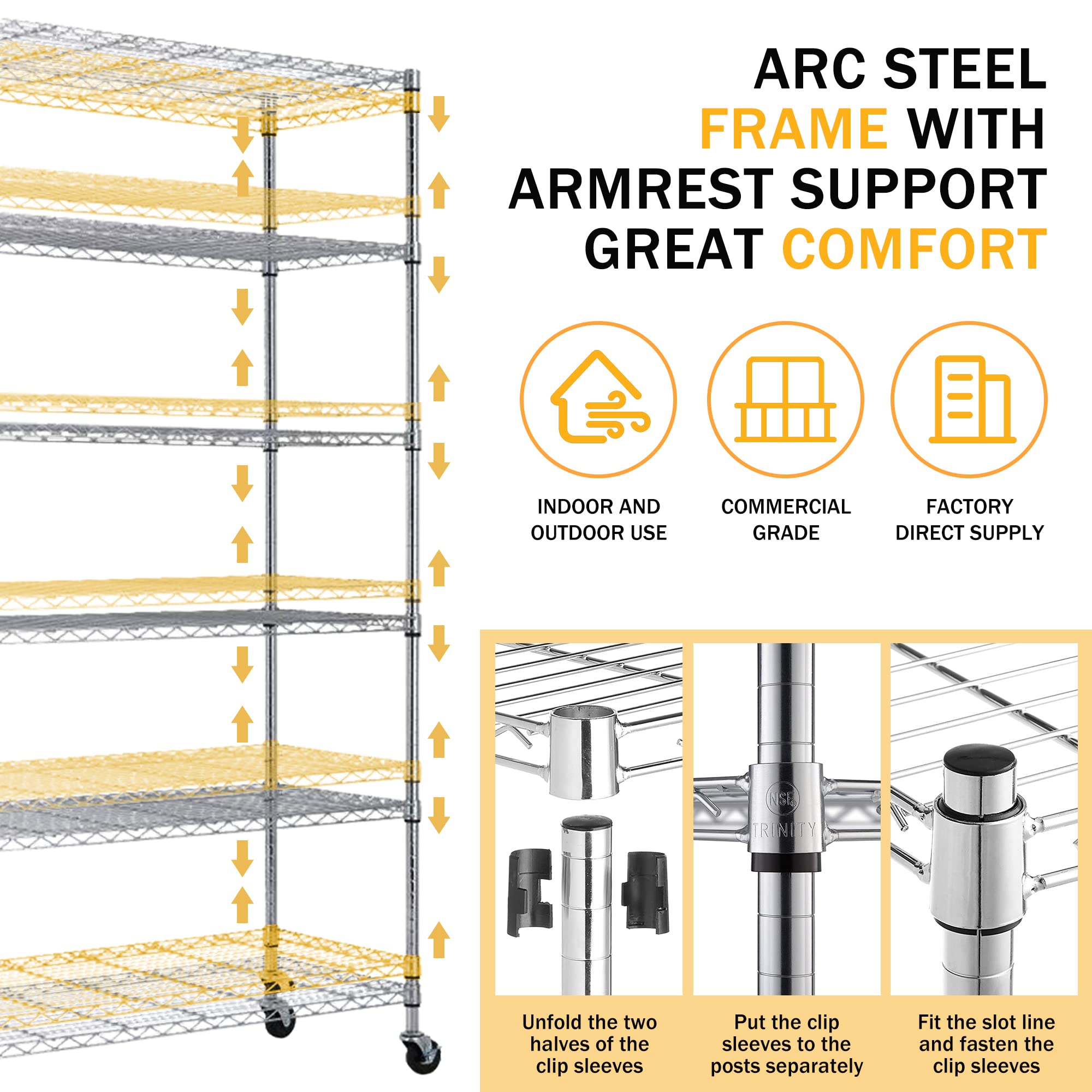6-Tier Heavy Duty Steel Wire Shelving Rack with Wheels - 48