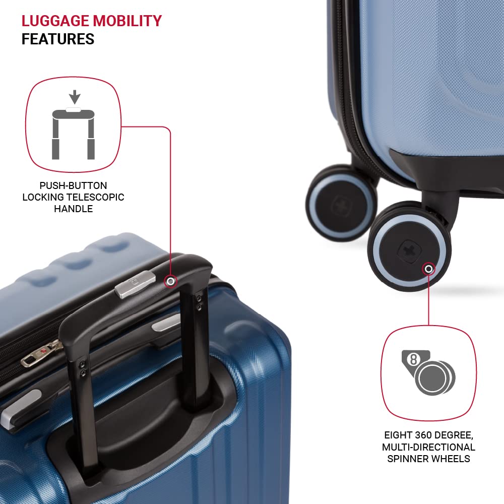 SwissGear Duet Expandable Hardside Spinner Luggage 24-Inch - Light Blue/Navy Checked Medium Suitcase for Travel, Business Trips & Vacation Packing