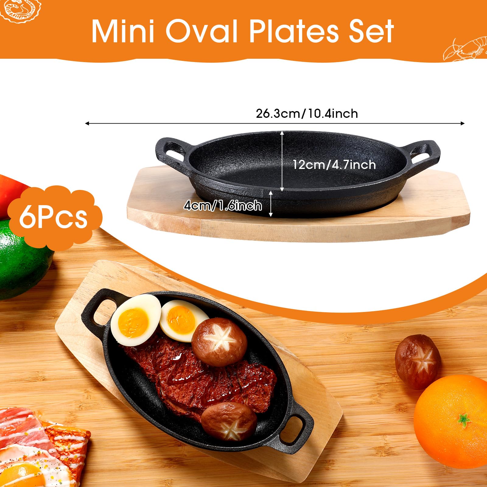 Mifoci 6-Piece Mini Cast Iron Skillet Set with Wooden Base - 8.7x4.7x1.6 Inch Oval Fajita Plates for Baking, Roasting, Grilling & Serving - Perfect for Appetizers, Tapas, Nachos & Sizzling Dishes at Home or Restaurants