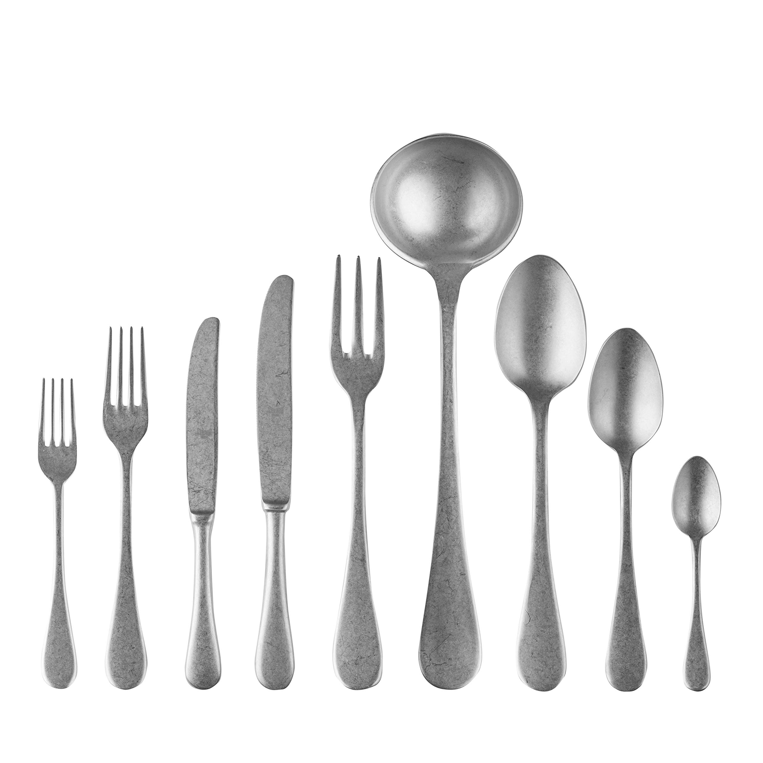 MEPRA Vintage 1026VI22075 75-Piece Flatware Set - Elegant Pewter Tableware, Dishwasher Safe Cutlery for Everyday Dining & Formal Occasions