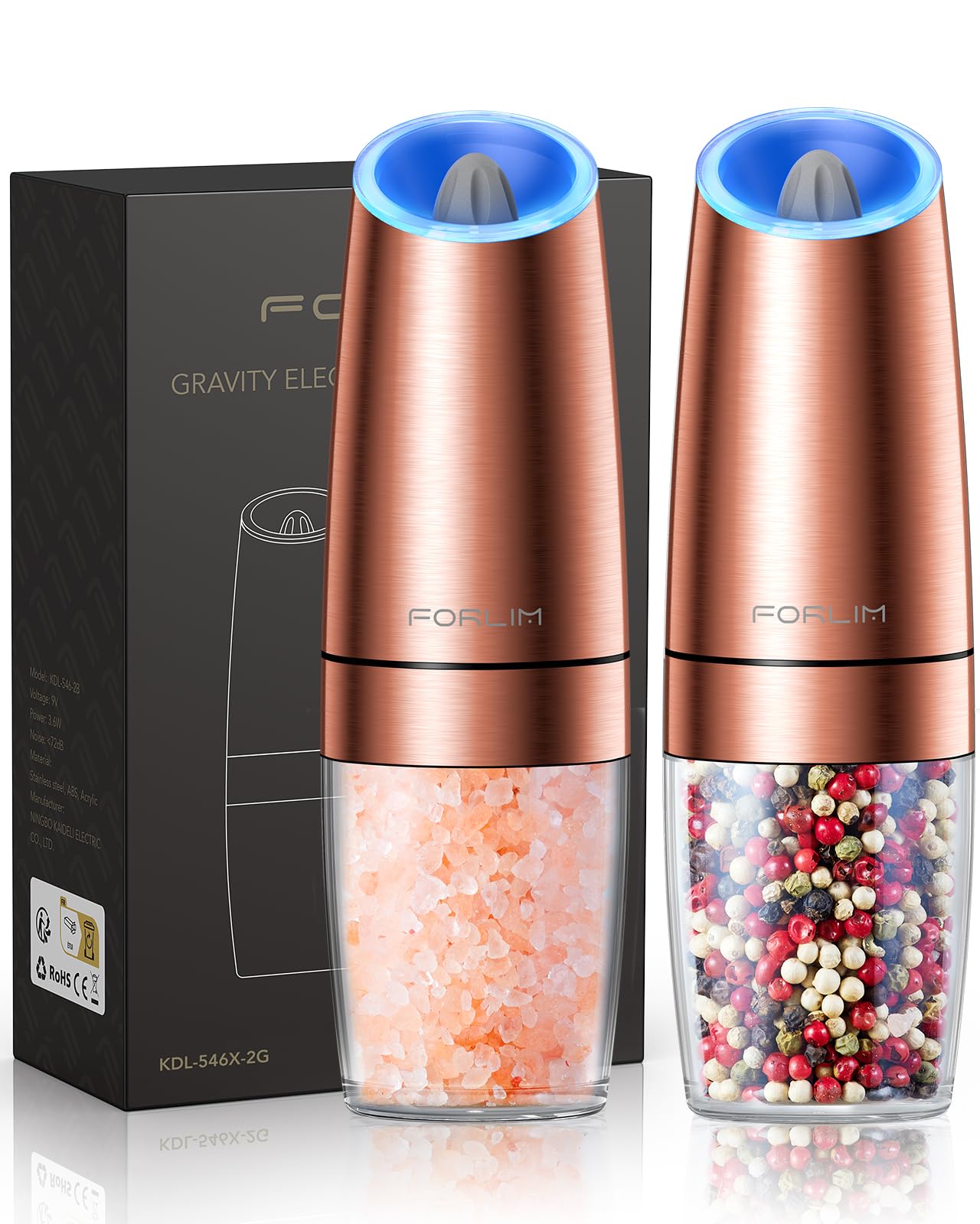 FORLIM Gravity Electric Salt and Pepper Grinder Set - Battery Powered Automatic Spice Mill with LED Light, One-Hand Operation & Adjustable Coarseness - Stainless Steel Kitchen Gadget for Cooking, Dining & Gourmet Seasoning (Golden)